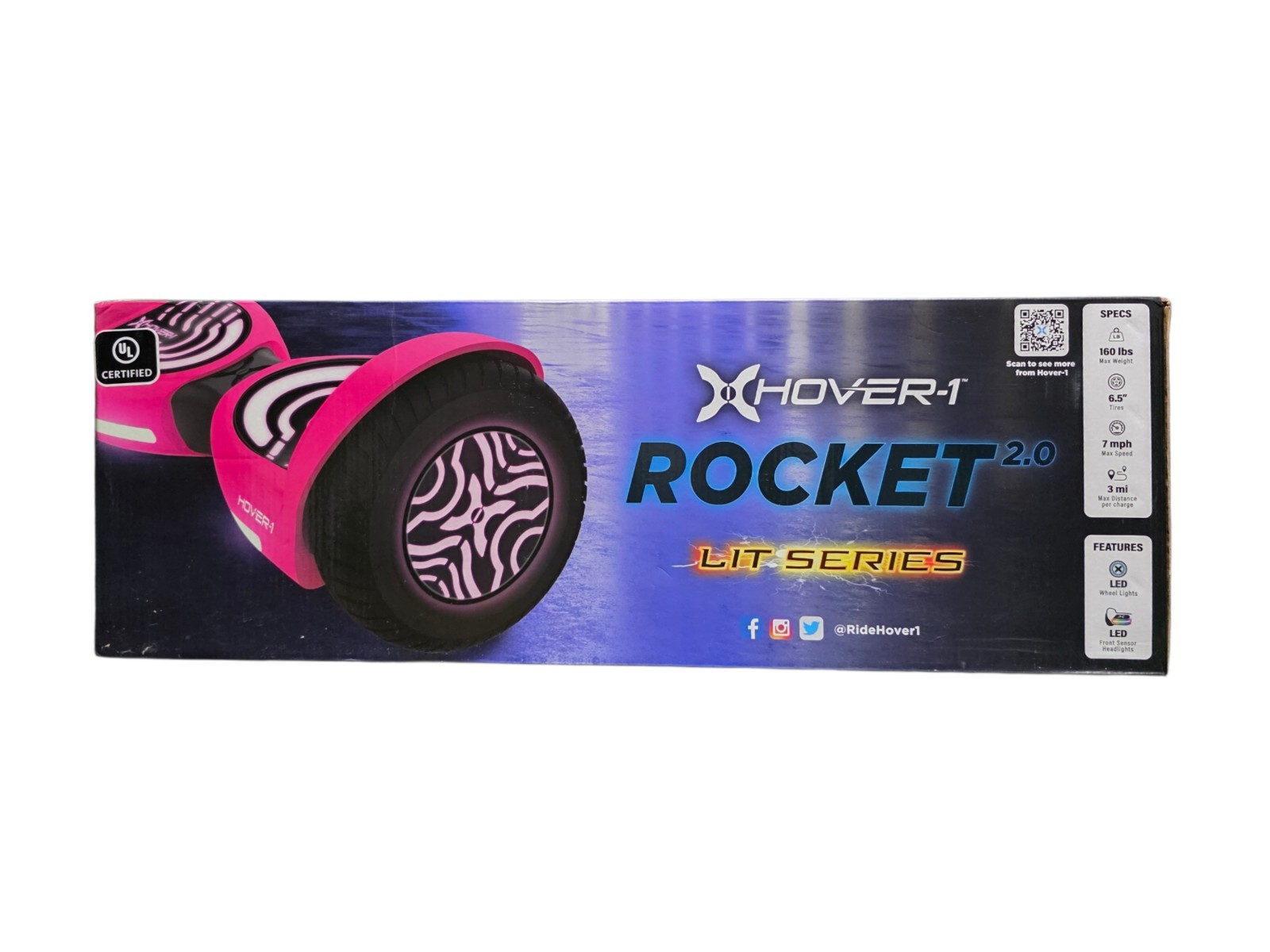 Hover-1 Rocket 2.0-Pink-LED Lights-160 Lbs.-Max Speed 7-Mph 3 Miles-UL Certified