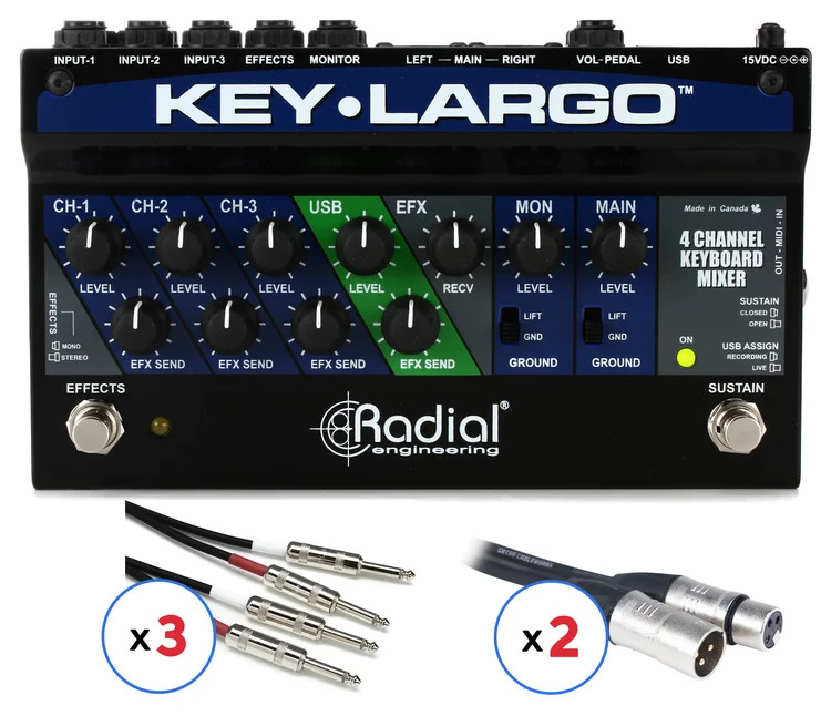 Radial Key-Largo Keyboard Mixer with Balanced DI Outs and Cables Bundle