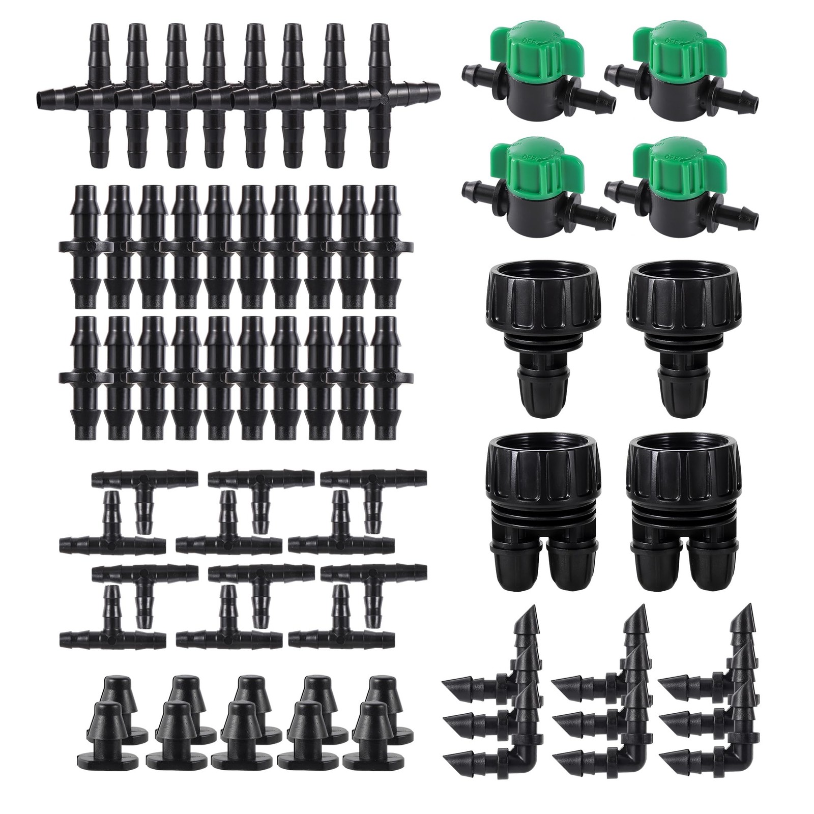 128 Pcs 1/4 Barbed Connectors Irrigation Fittings Kit, 3/4'' to Inch