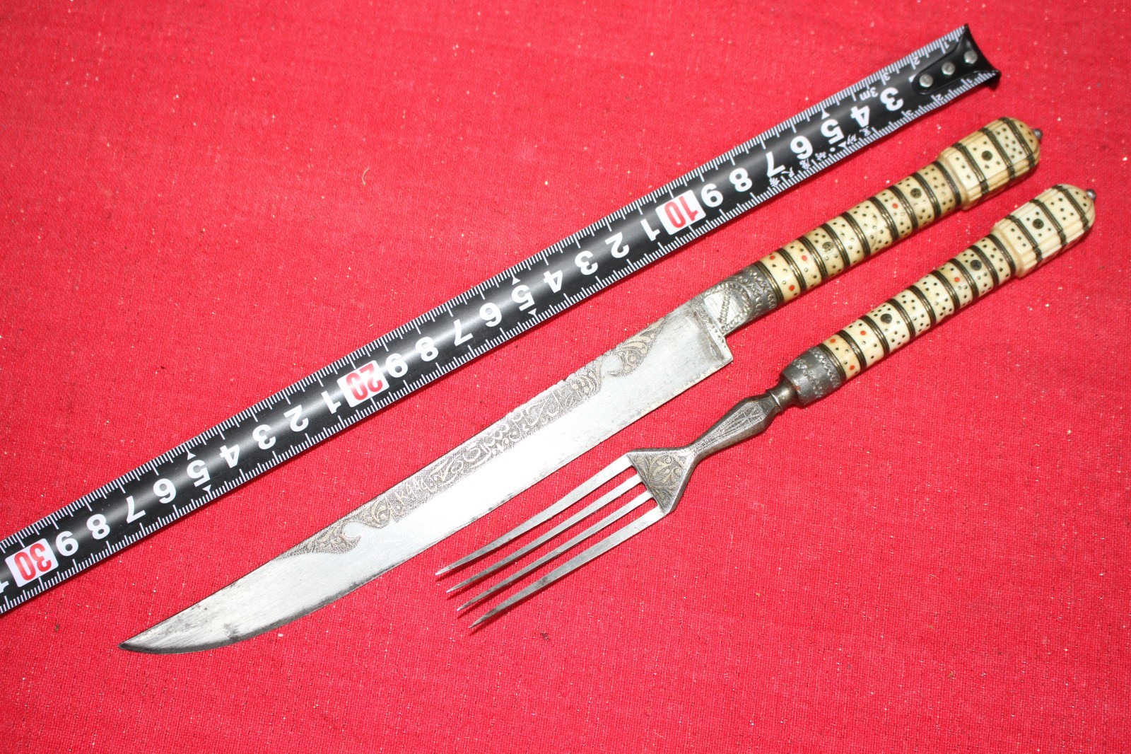 Antique Bosnian Bichaq Interesting Set Knife & Fork Inlaid Grips Ottoman Saraevo