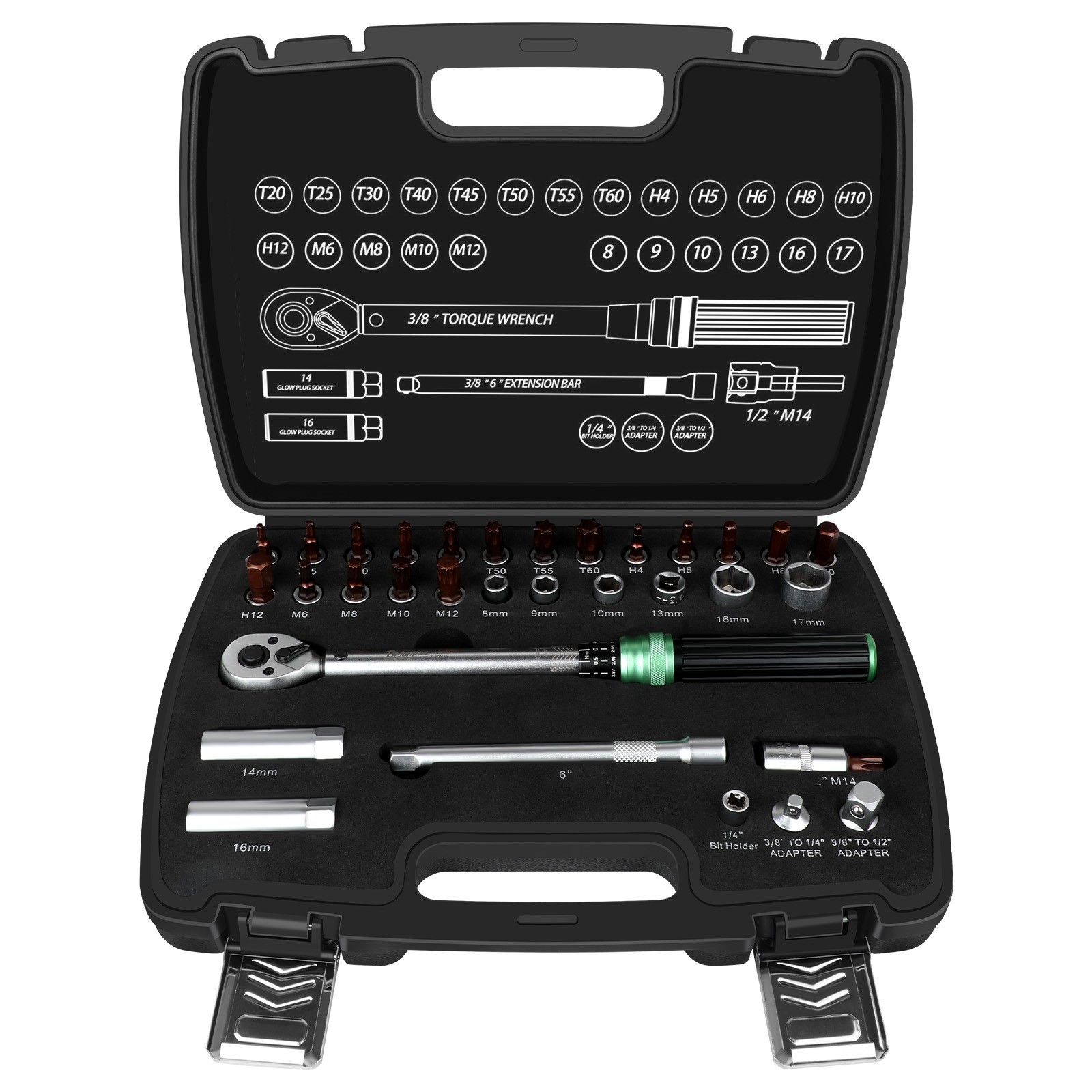 3/8" Drive 5-60Nm torque wrench set 72-Tooth Sockets & Accessories Bike Car 32pc