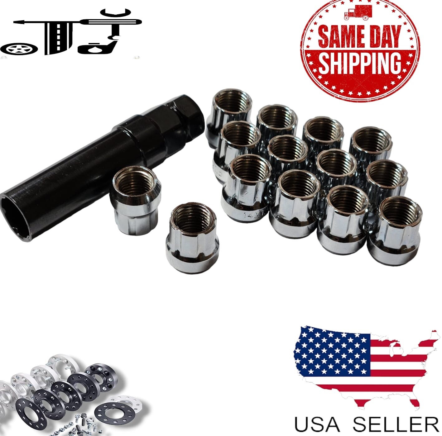 20Pc Chrome M12x1.5 Spline Tuner Open End Lug Nut+Key Fit Acura Honda Model