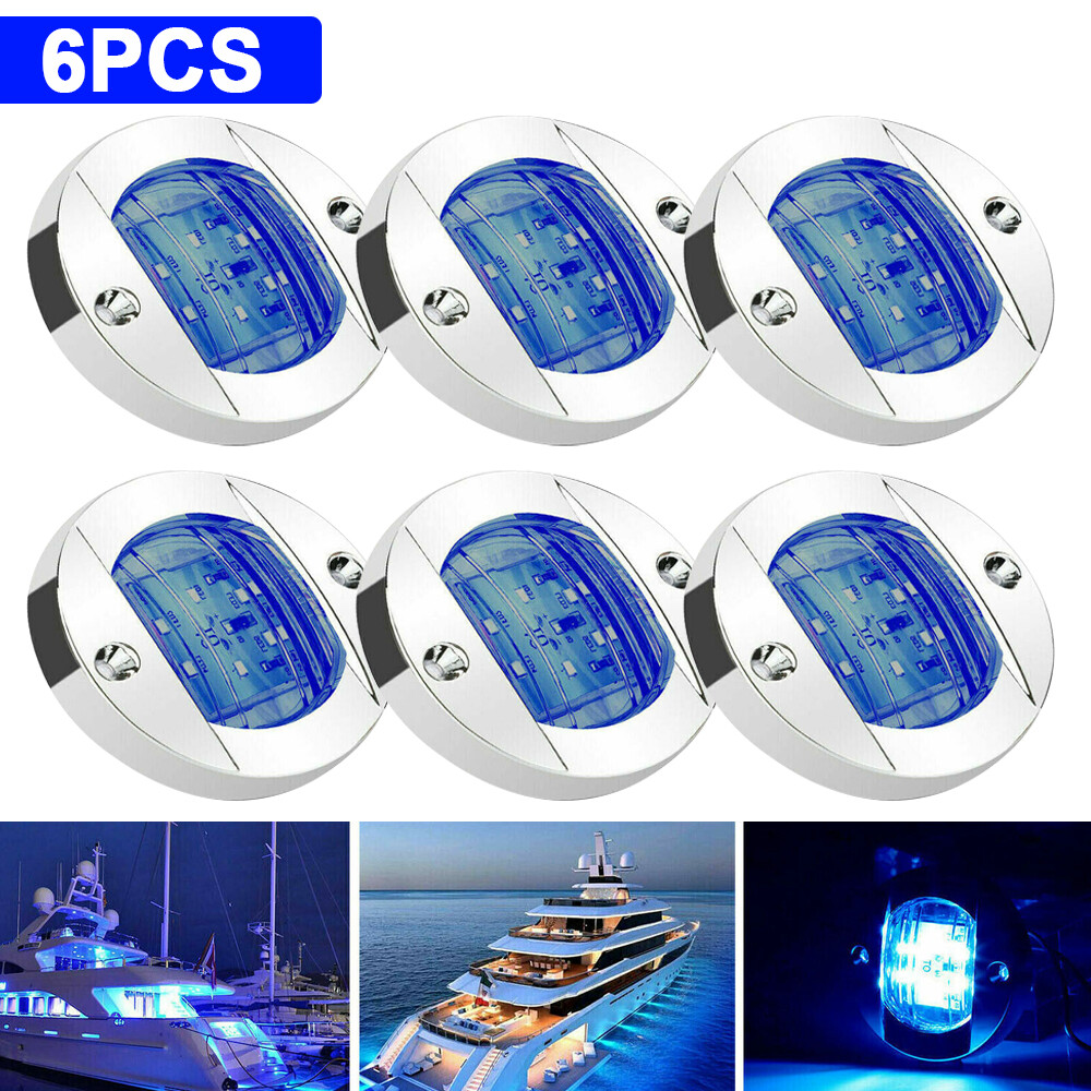 6X Round Marine Boat LED Stern Lights Blue Cabin Deck Courtesy Light Waterproof