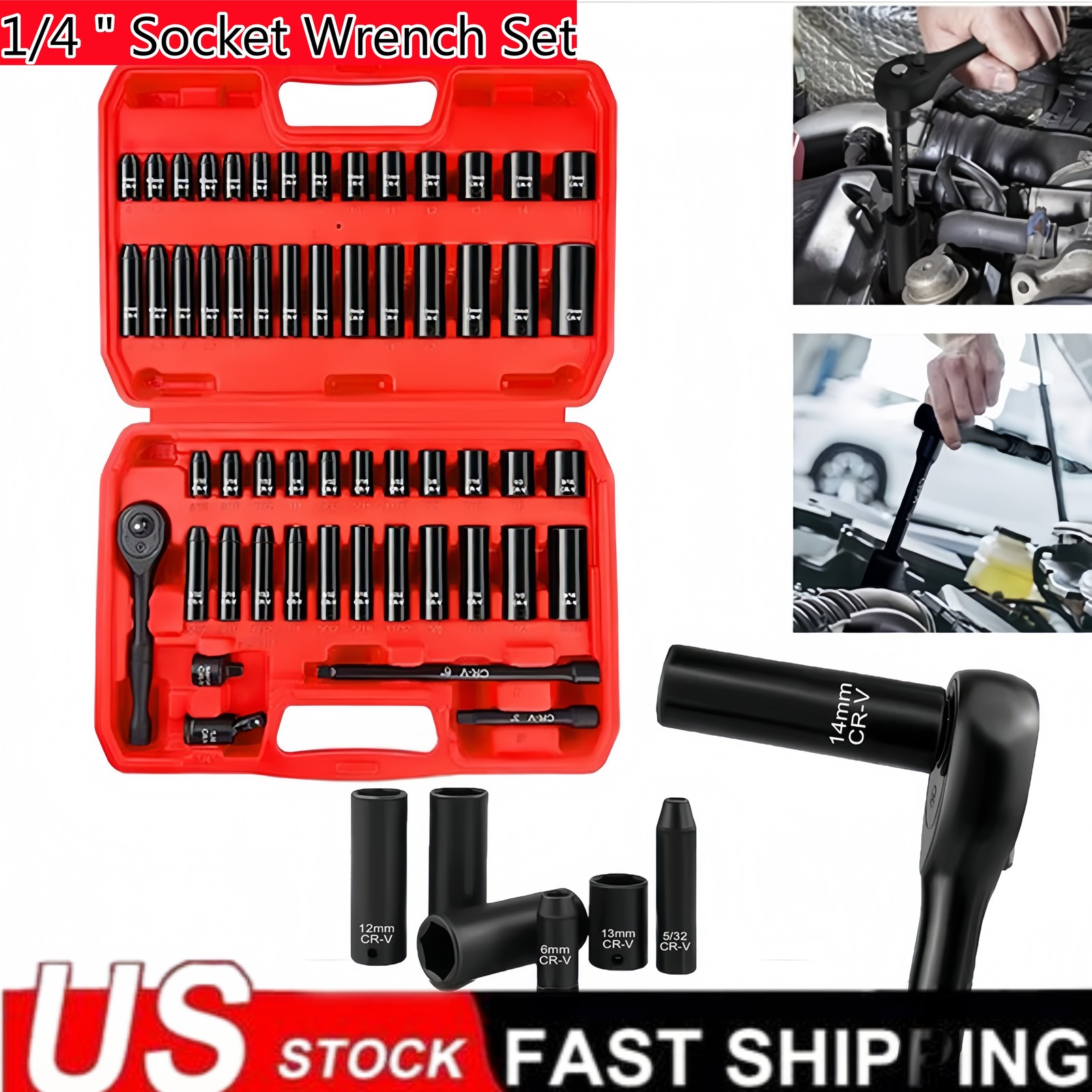 1/4" Drive Socket Set 55 Piece SAE Metric Deep Shallow 6 Point Laser Etched Kit