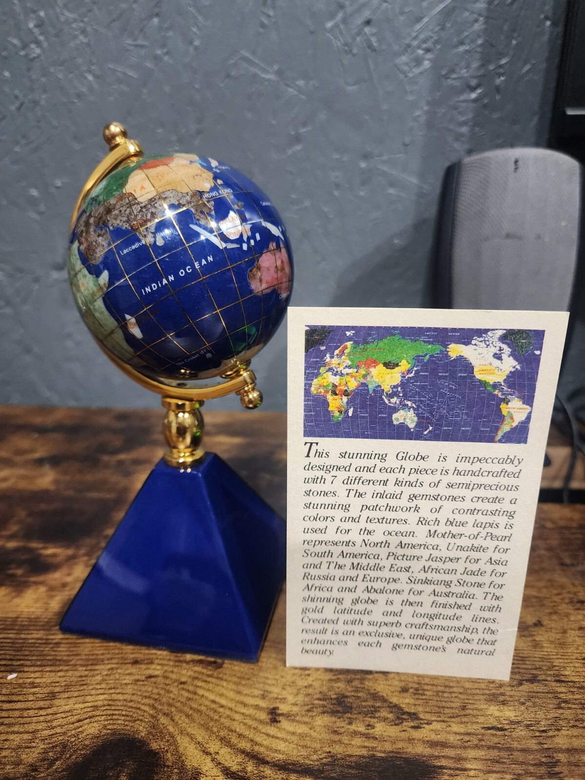 7 Semi-Precious Inlaid Gemstones Tabletop World Globe 7 Inches Tall