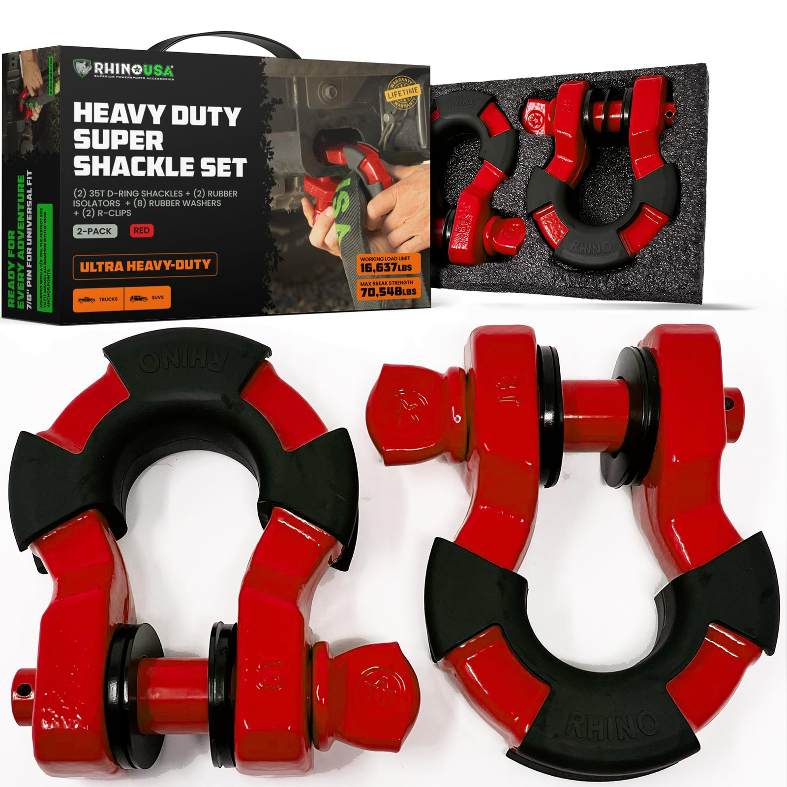 Rhino USA Super D Ring Shackles (2-Pack) - 70,548lb (70,548 lbs), Red