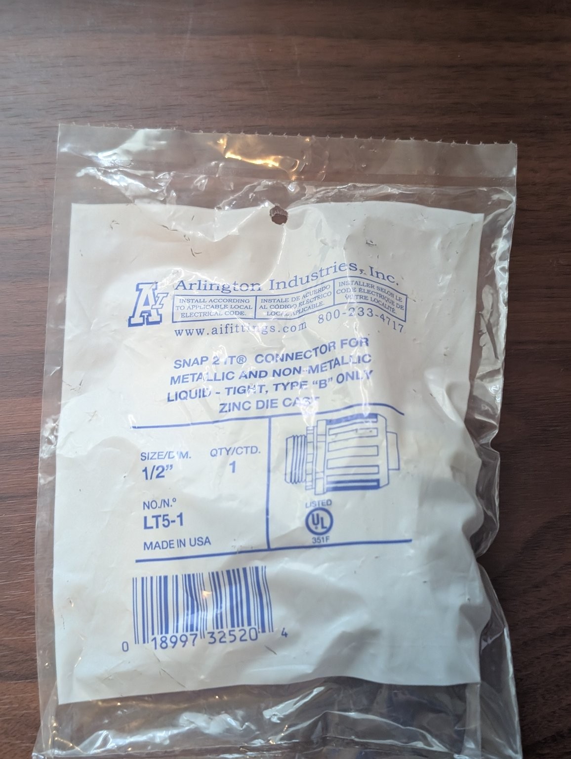 Arlington LT5-1 Liquid-Tight Connector 1/2" Zinc Die Cast UL Listed