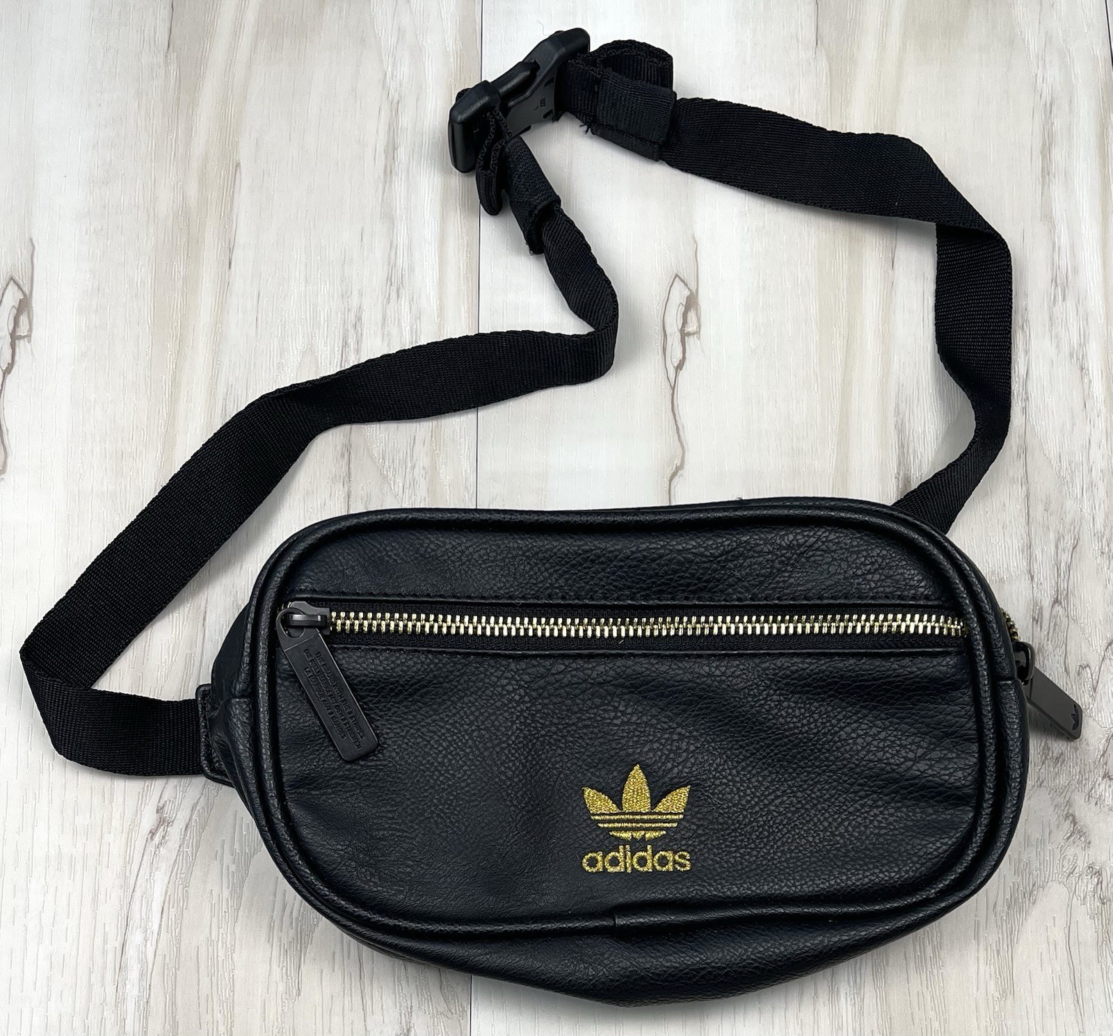 ADIDAS Black Pebbled Vegan Leather Fanny Pack BELT BAG Gold Logo Embroidery EUC
