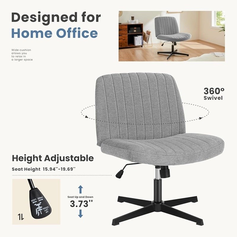 Wide Seat Ergonomic Desk Chair Adjustable Height Armless Office Chair Comfort US