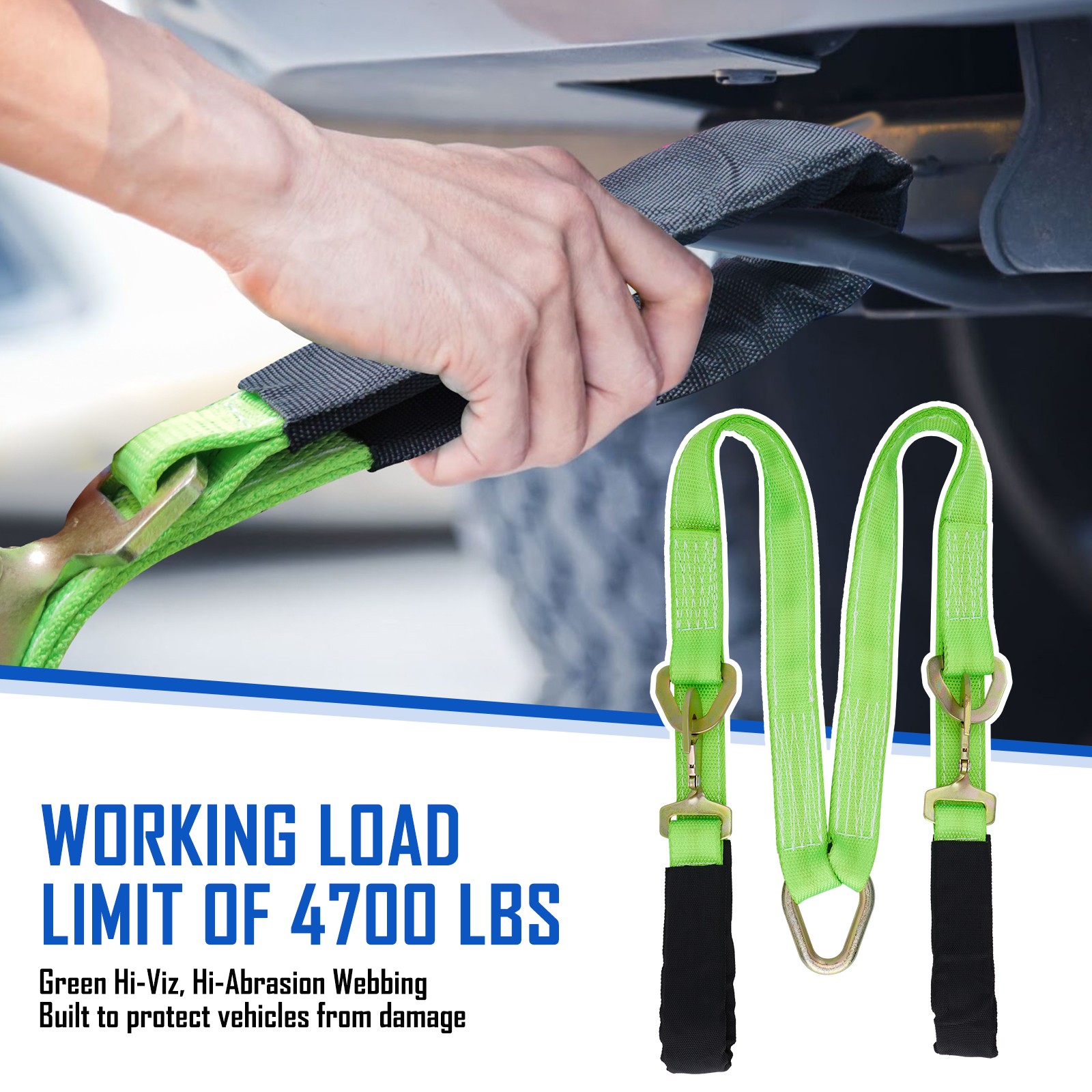 V-Bridle Recovery Strap 2"x4' w/Snap Hooks w/ Cordura Sleeve & Axle Straps Tow
