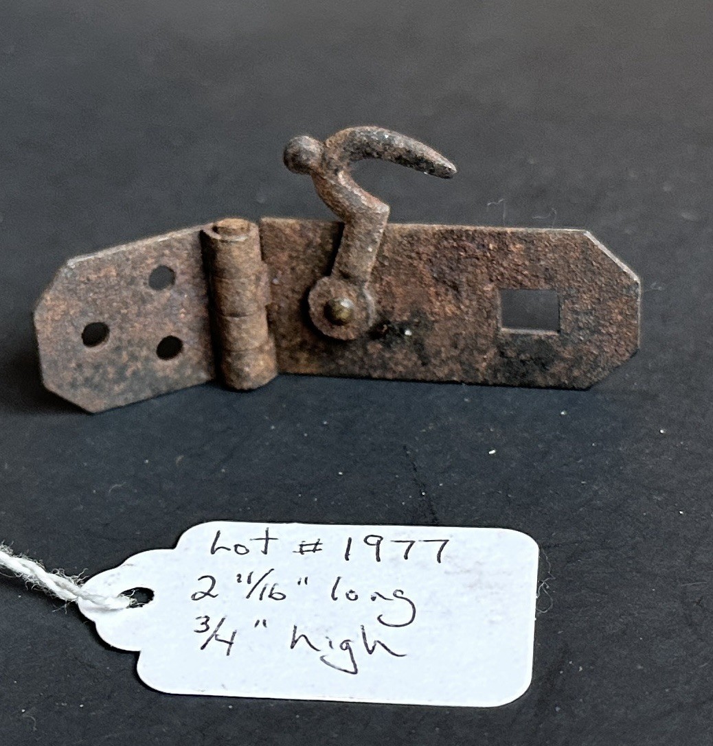 #1977–Antique Metal Hasp Latch With Attached Hook 2 11/16” Long 3/4" High