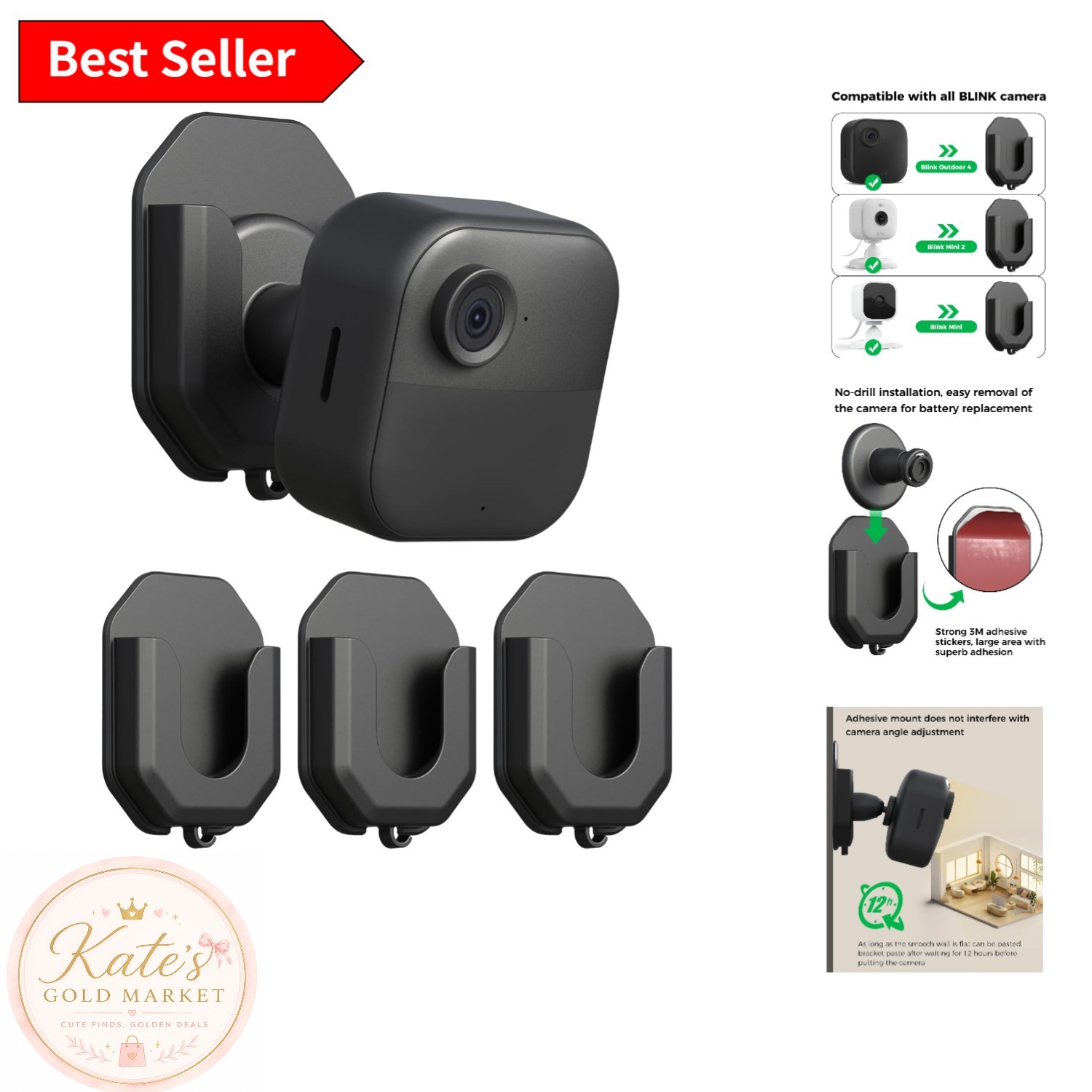HBV Adhesive Wall Mount Bracket for Blink Cameras - 3 Pack, No Drill Required