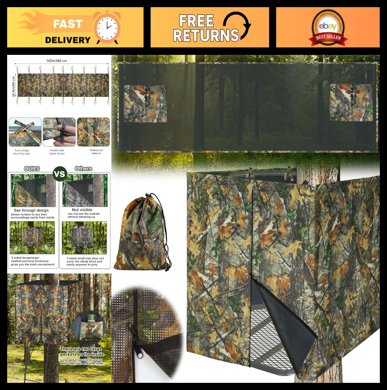 Large Four-Sided Hunting Tree Stand Blind Kit - Camo Cover for 2-Man Ladder Stan