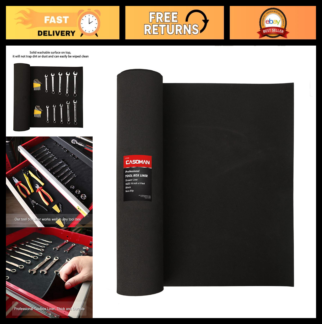 Professional Tool Box Liner - 16" x 6' Non-Slip Drawer Liner, Black, Heavy Duty