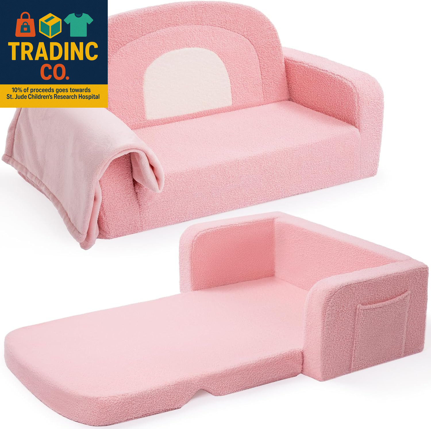 Extra Wide Kids Couch, 2-In-1 Soft Toddler Couch with Blanket, Comfy Toddler Cha
