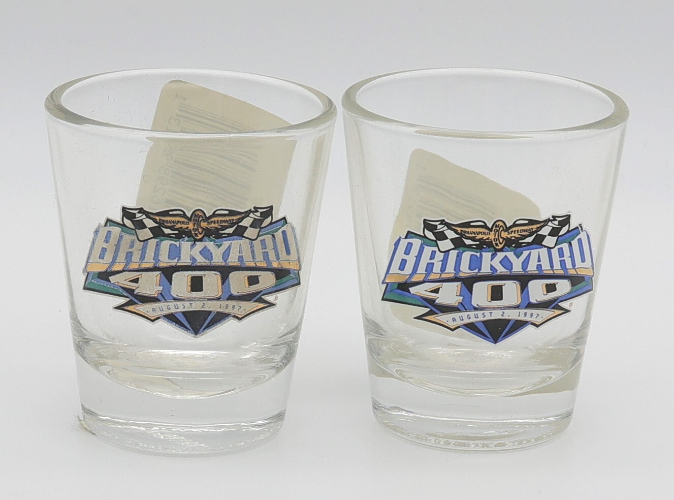 BRICKYARD 400 PAIR OF STANDARD SHOT GLASSES CLEAR NEW MADE IN USA DATED 8/2/97