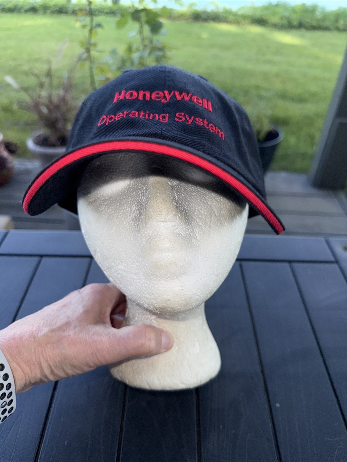 Honeywell Operating System Red Letters on Black Hat Cap Hook Loop South Bend