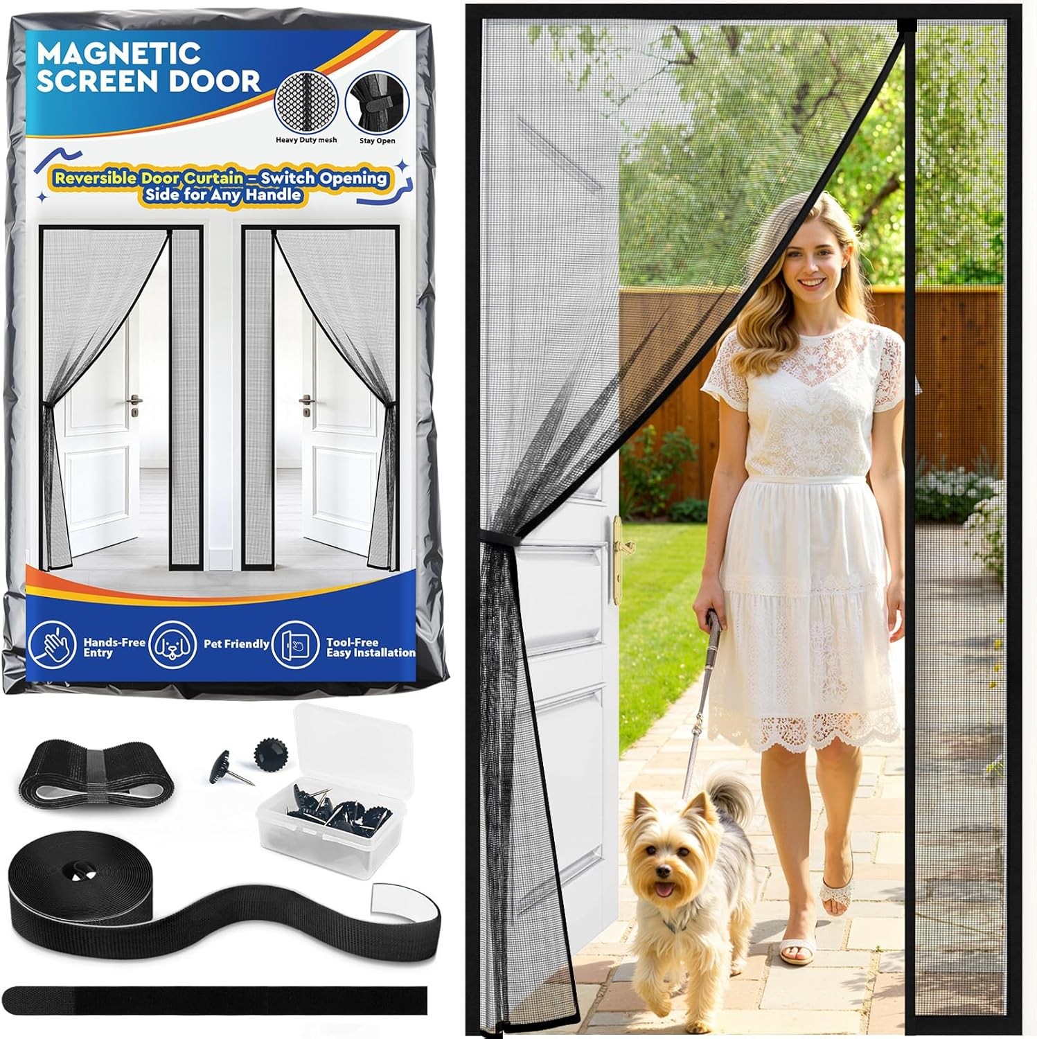 Screen Door Mesh - Reversible Left & Right Opening Door Screen with Magnetic Clo
