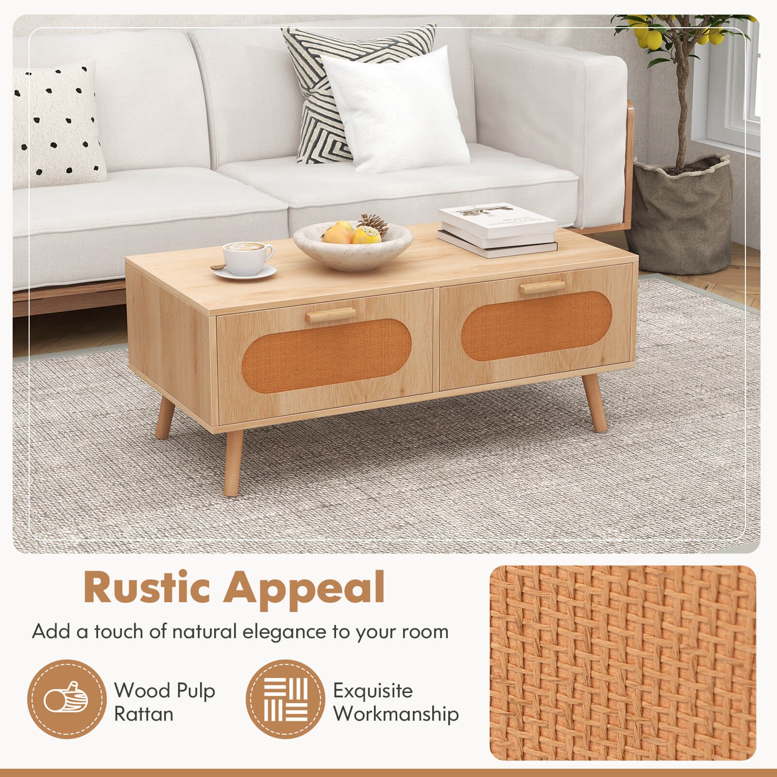 Rattan Coffee Table Mid Century Modern Center Table w/ 2 Storage Drawers