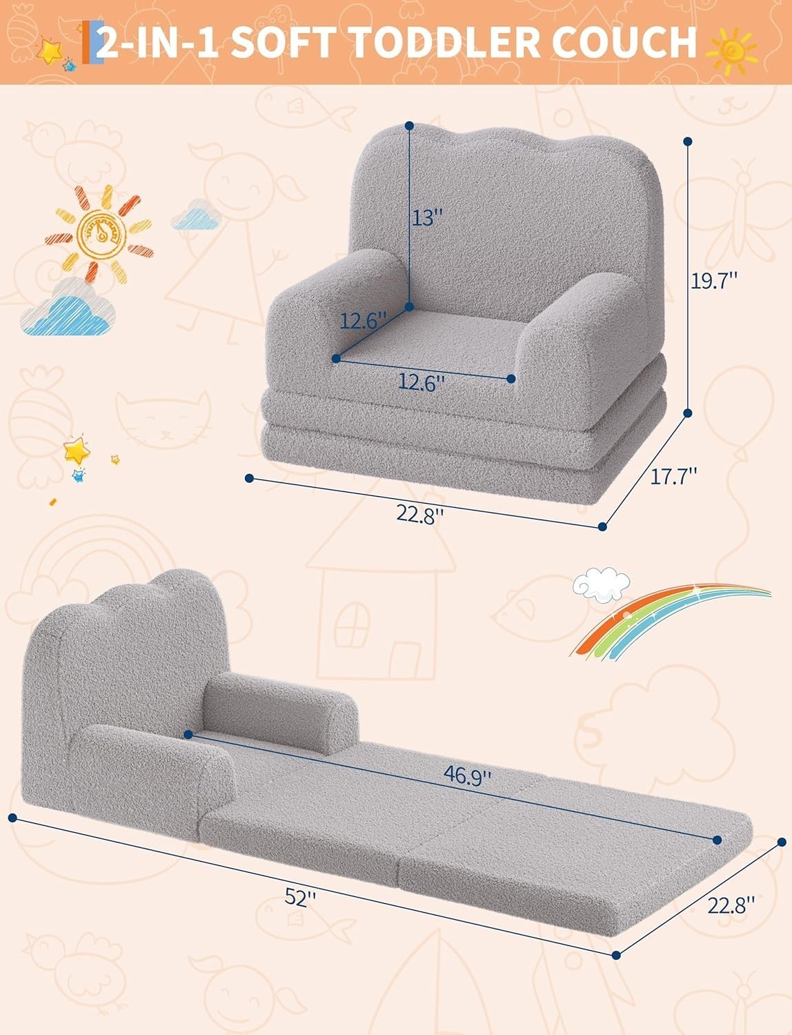 Kids Couch Comfy Toddler Sofa Foam Kids Chair - Convertible Sofa to Lounger Gray