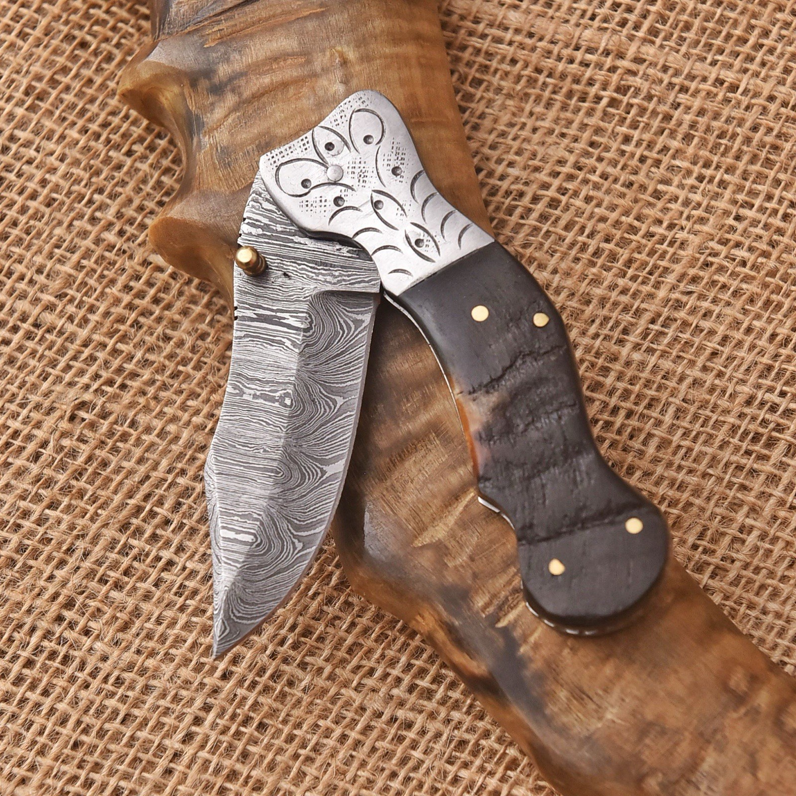 Custom Made Folding Blade Pocket Knife Case Ram Horn Handle - Hunting Tactical