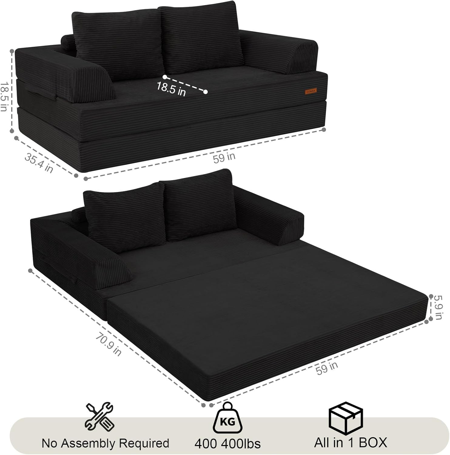 COMAX Futon Sofa Bed, Convertible Folding Sofa Bed, Boneless Couch Loveseat Cord