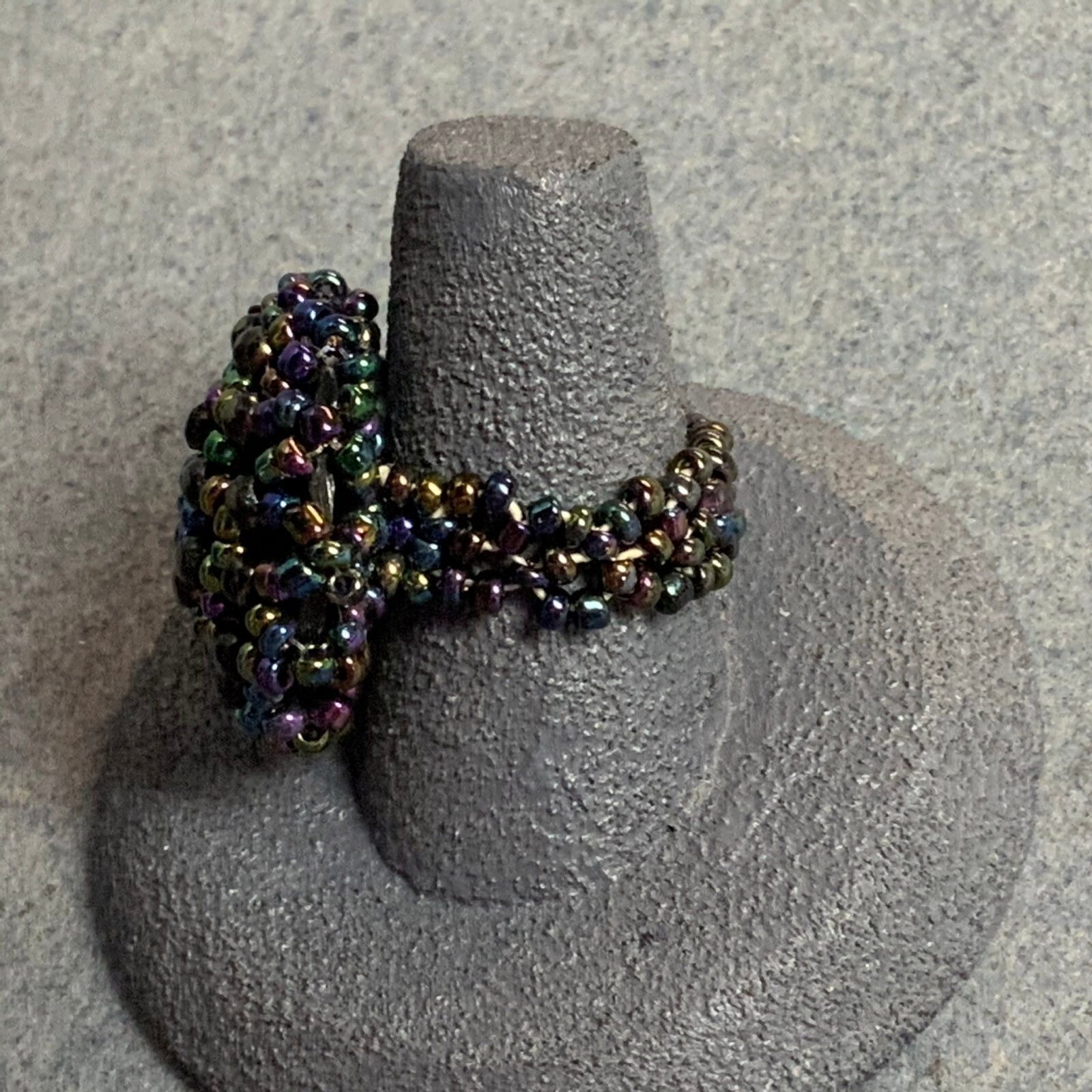 Statement Beaded Button Ring Size 11 As Is Stretch Band Black Iridescent Retro