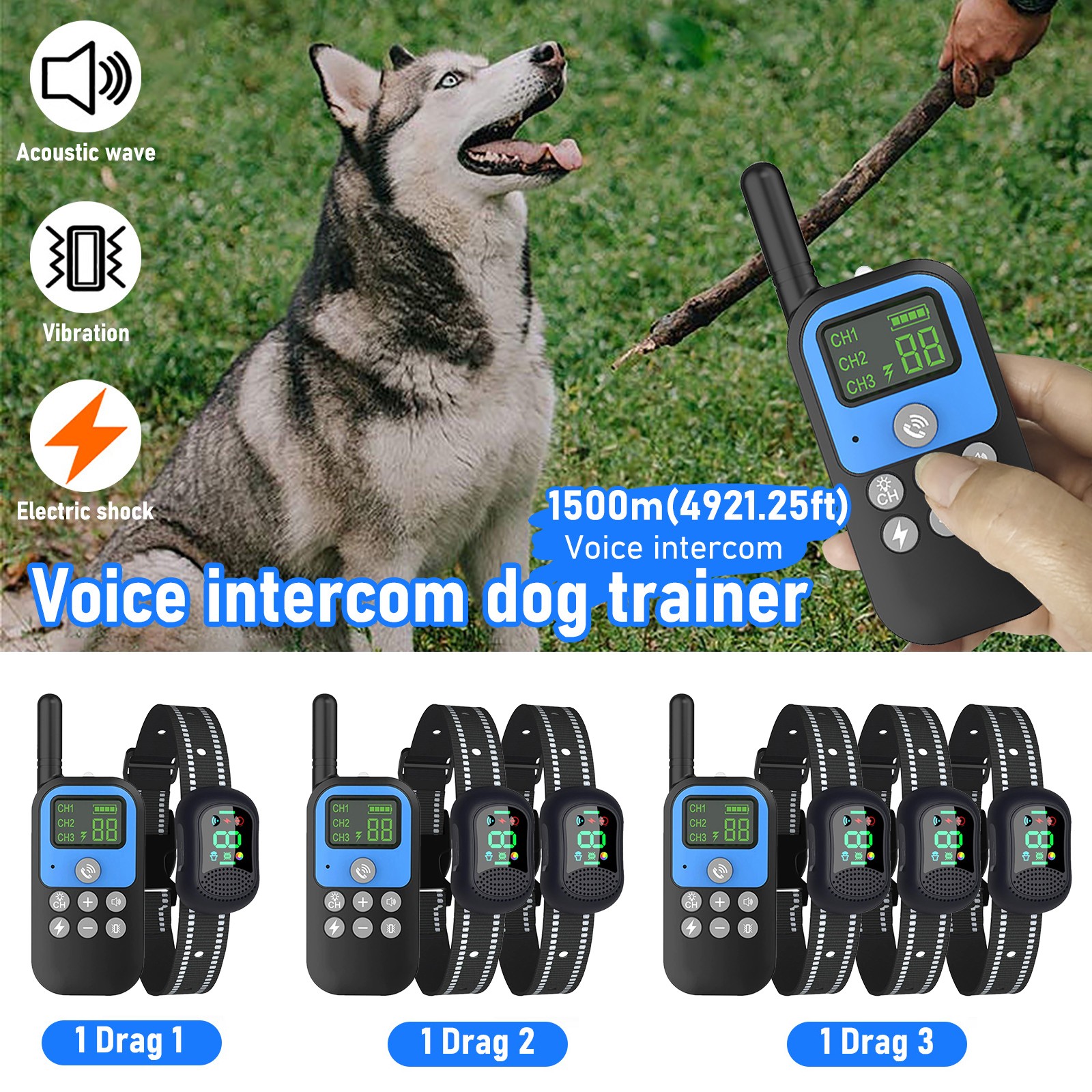 Waterproof Training Collar Remote 4900ft Dog Shock Collar E-Collar For 1-3 Dogs