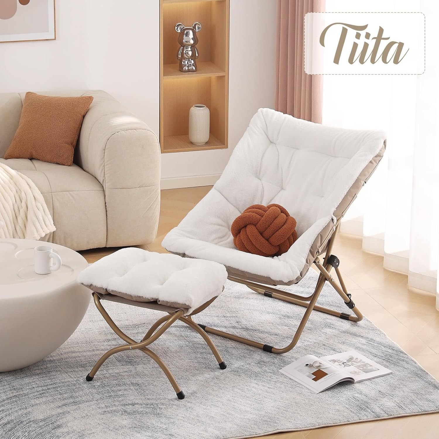 Oversized Faux Fur Moon Chair & Ottoman - Elegant Folding Accent for Living Room