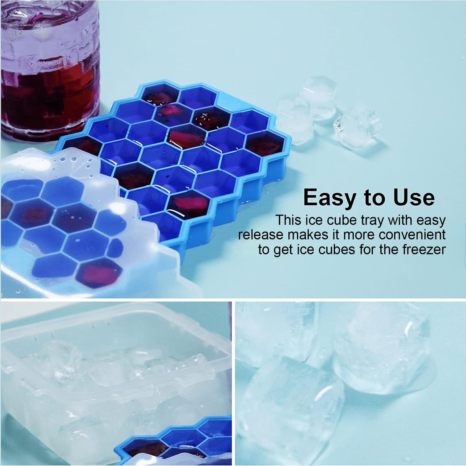 Ice Cube Trays for Freezer with Lid-37 Grid Silicone 2 Pack, Blue
