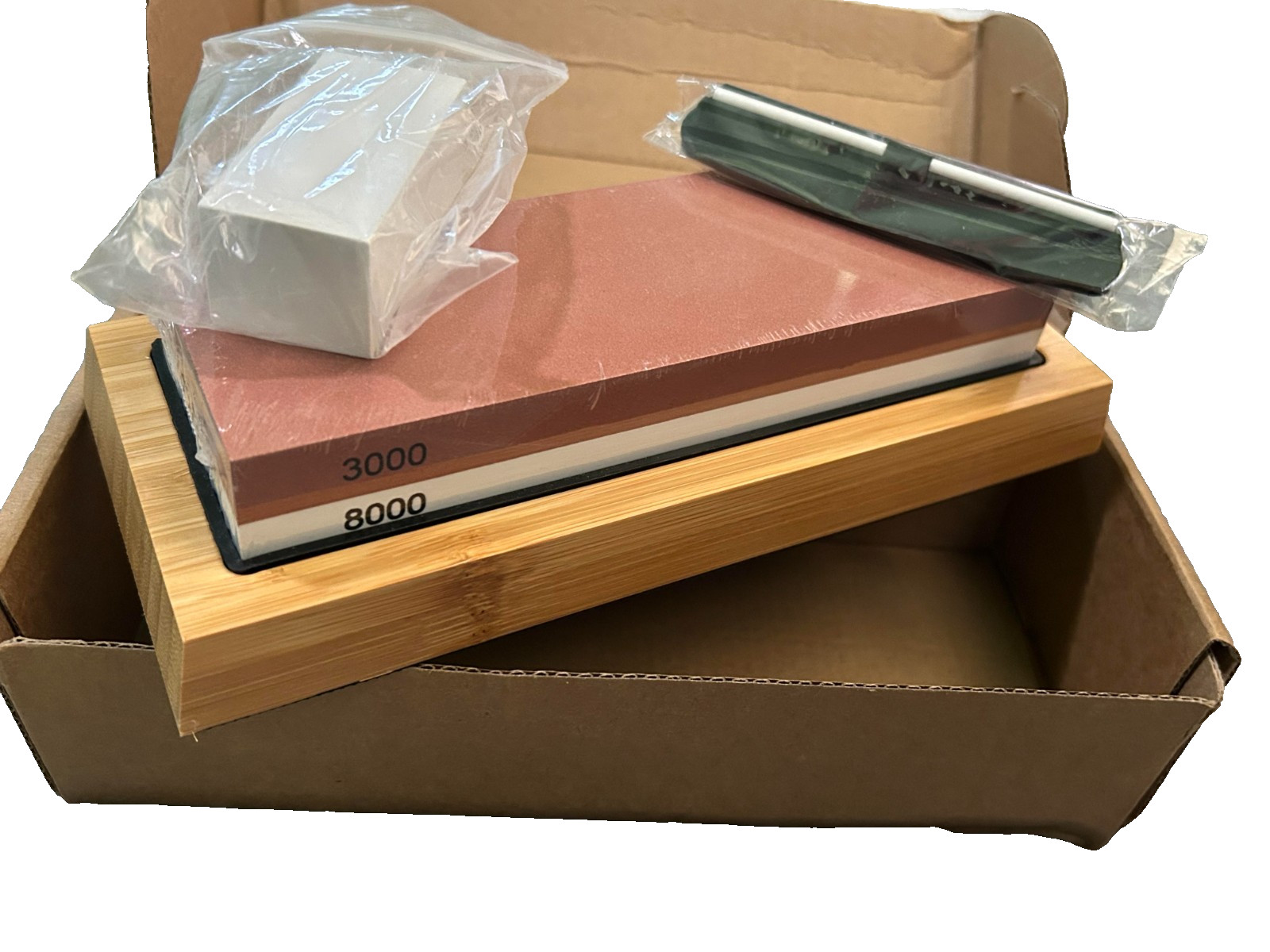 Whetstone knife sharpener 3000 and 8000 grit with Bamboo Tray