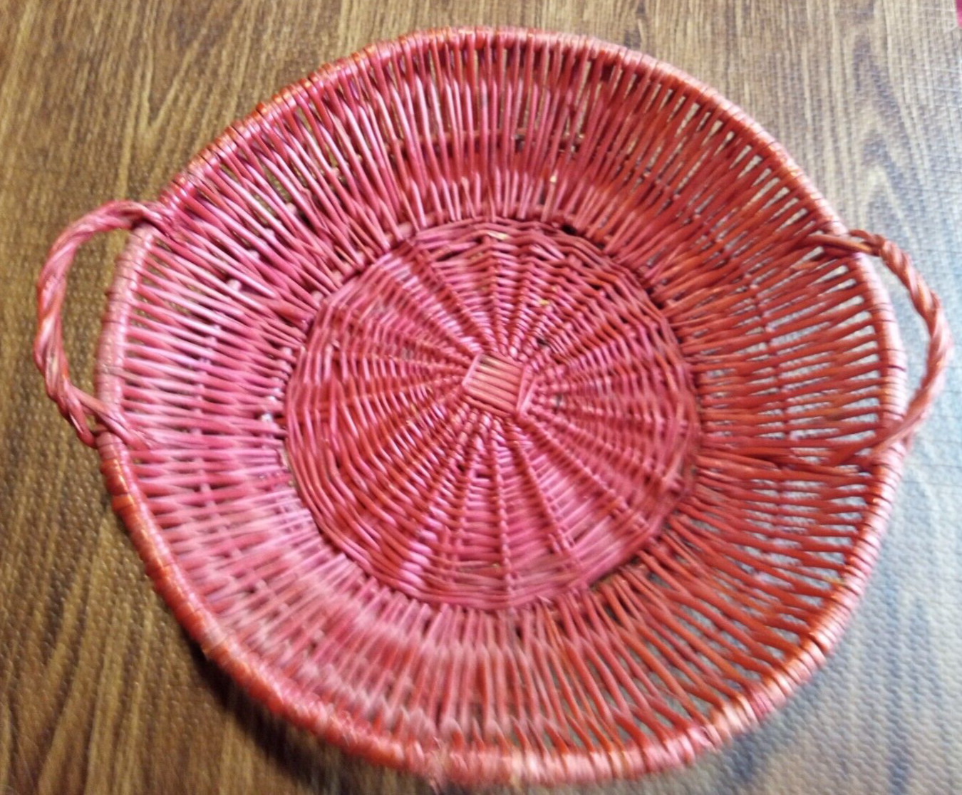Red Wicker Bread Basket-Round-Handles-Sturdy 13.50" Diameter 3.50" High