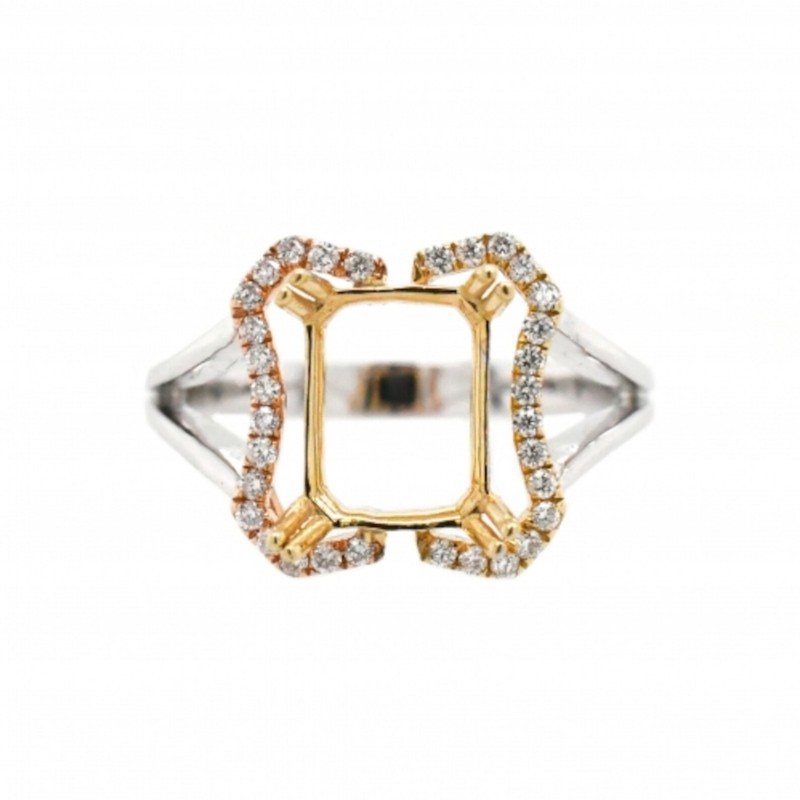 9x7mm Emerald Cut Semi Mount Ring Two Tone 925 Sterling Silver Halo Women Ring