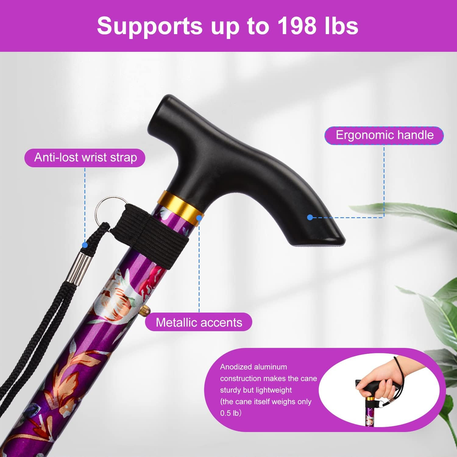 Folding Cane, 5-Level Adjustable Height Walking Stick Lightweight Collapsible Po