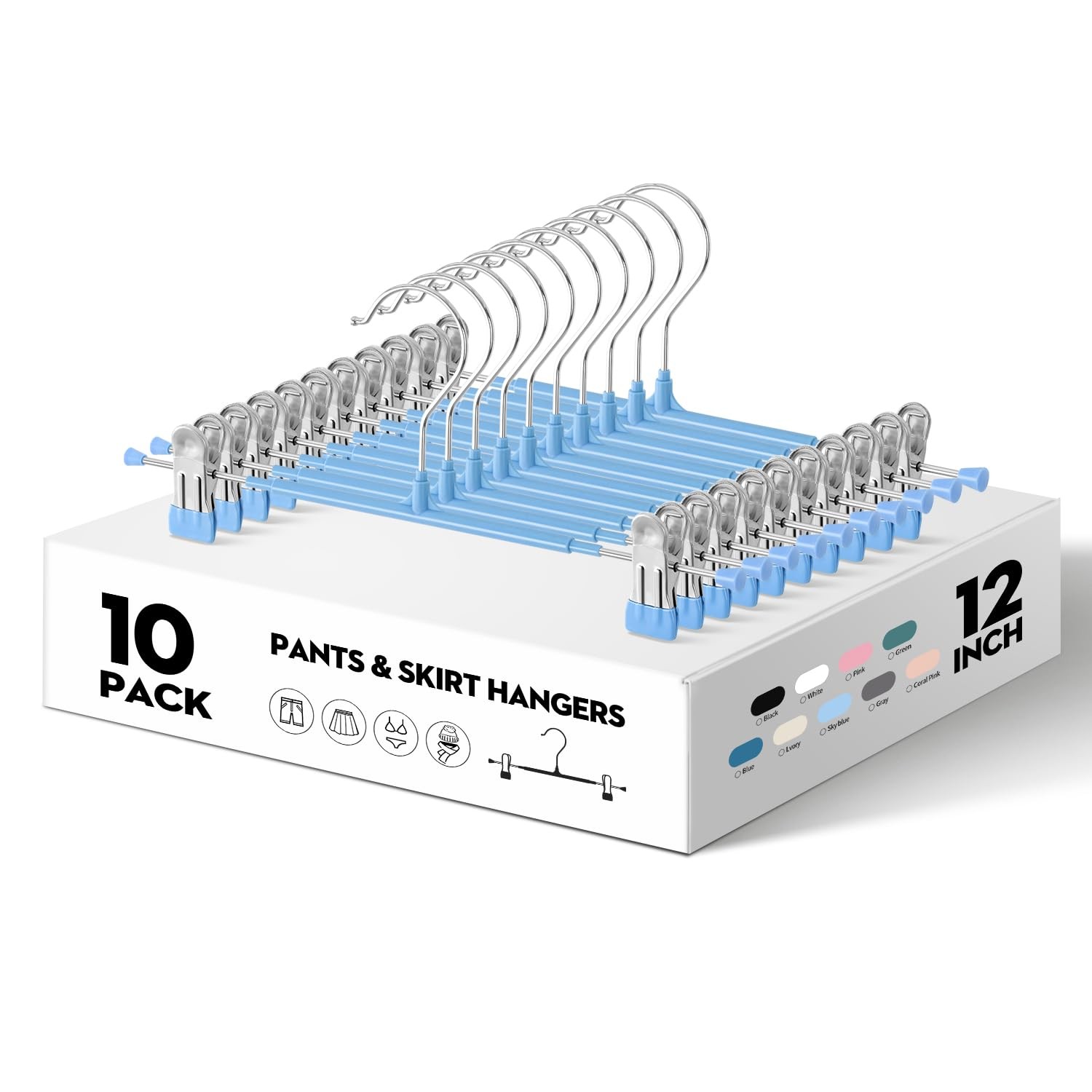 10 Pack 12 Inch Sky Blue Metal Pants Hangers, Adjustable Clips, Skirt, Non-Slip