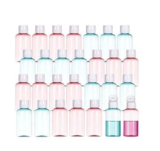 NEW 28 Lot Plastic Empty Bottles Pink Blue Aqua With White Lids 2 Oz Containers