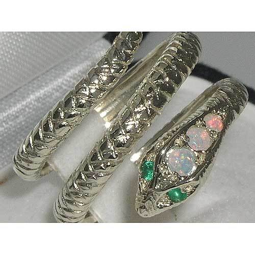 Fabulous Solid Sterling Silver Natural Fiery Opal & Emerald Detailed Snake Ring