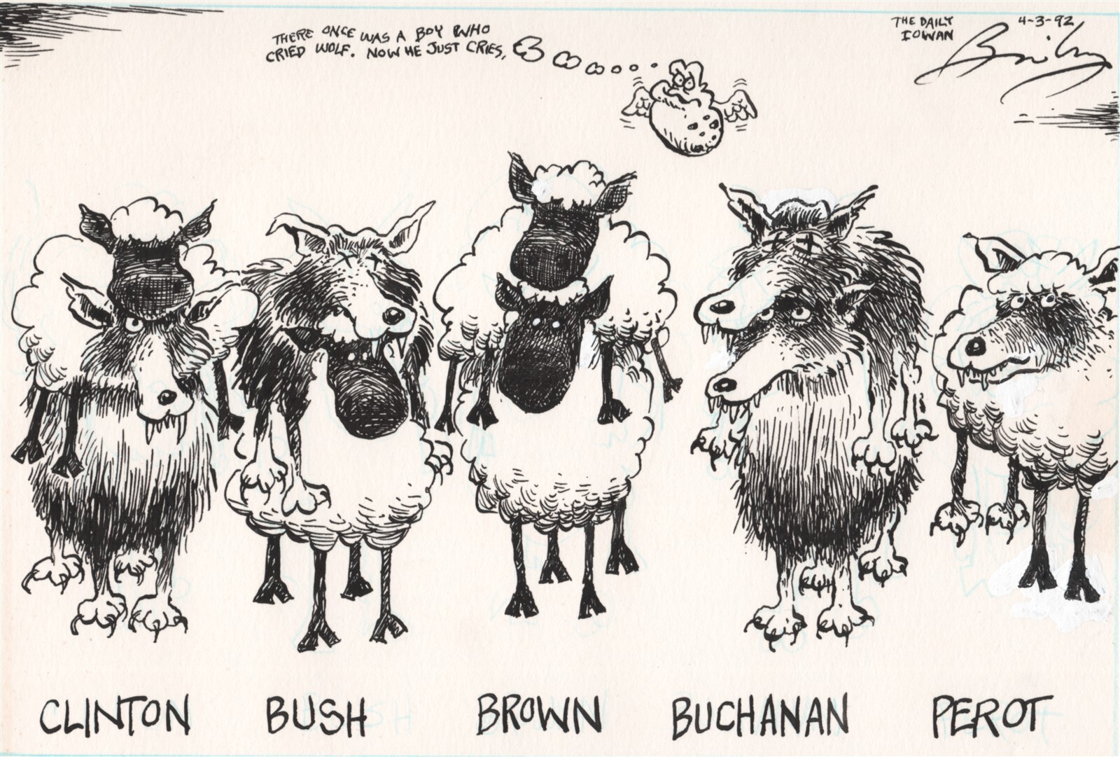 Political Cartoon Boy Who Cried Wolf Sheep 1992 Russ Bailey Original Pen Ink