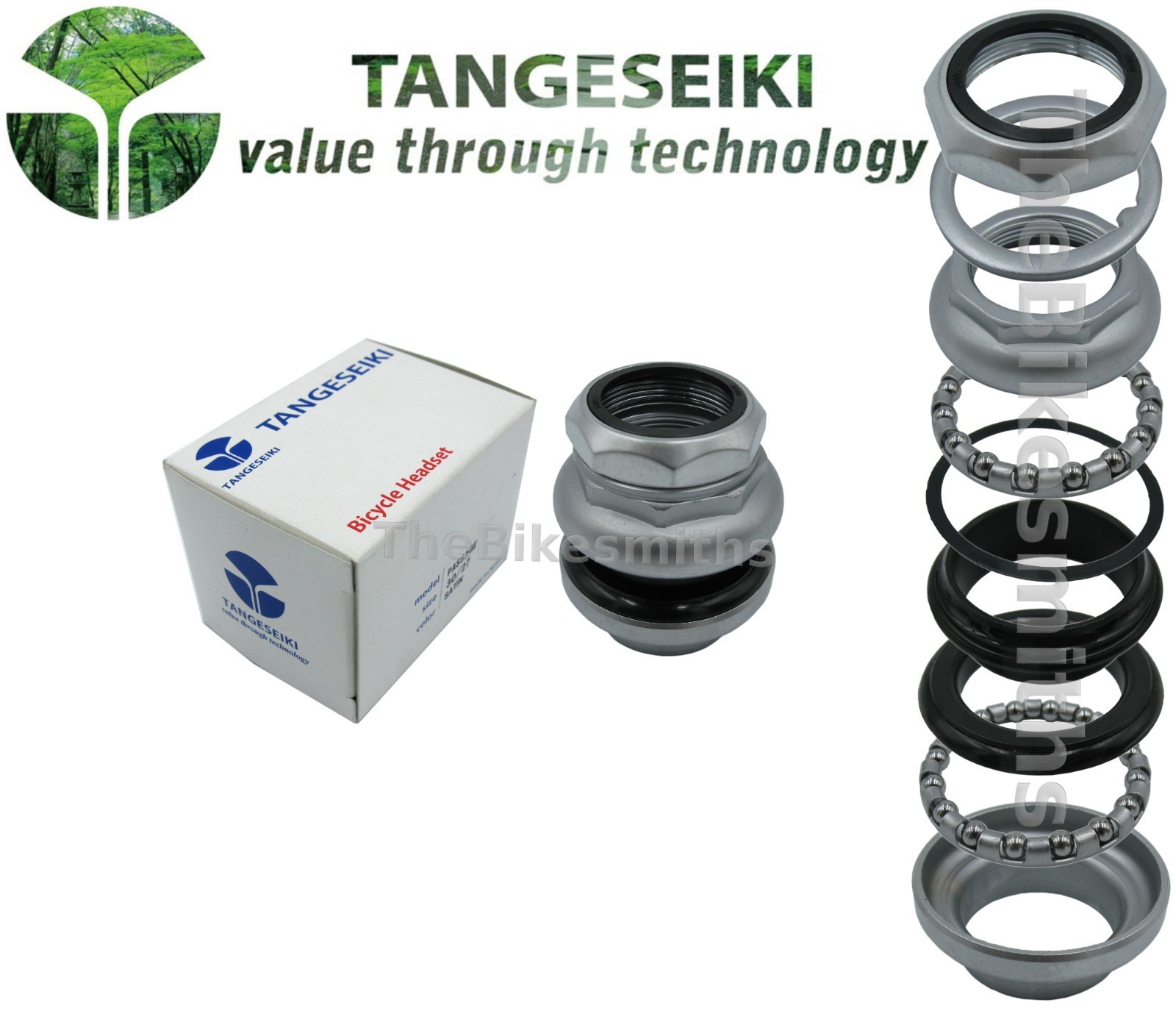 Tange Seiki Passage 30.0/27.0mm fits 1" Threaded Bike Headset Satin Silver