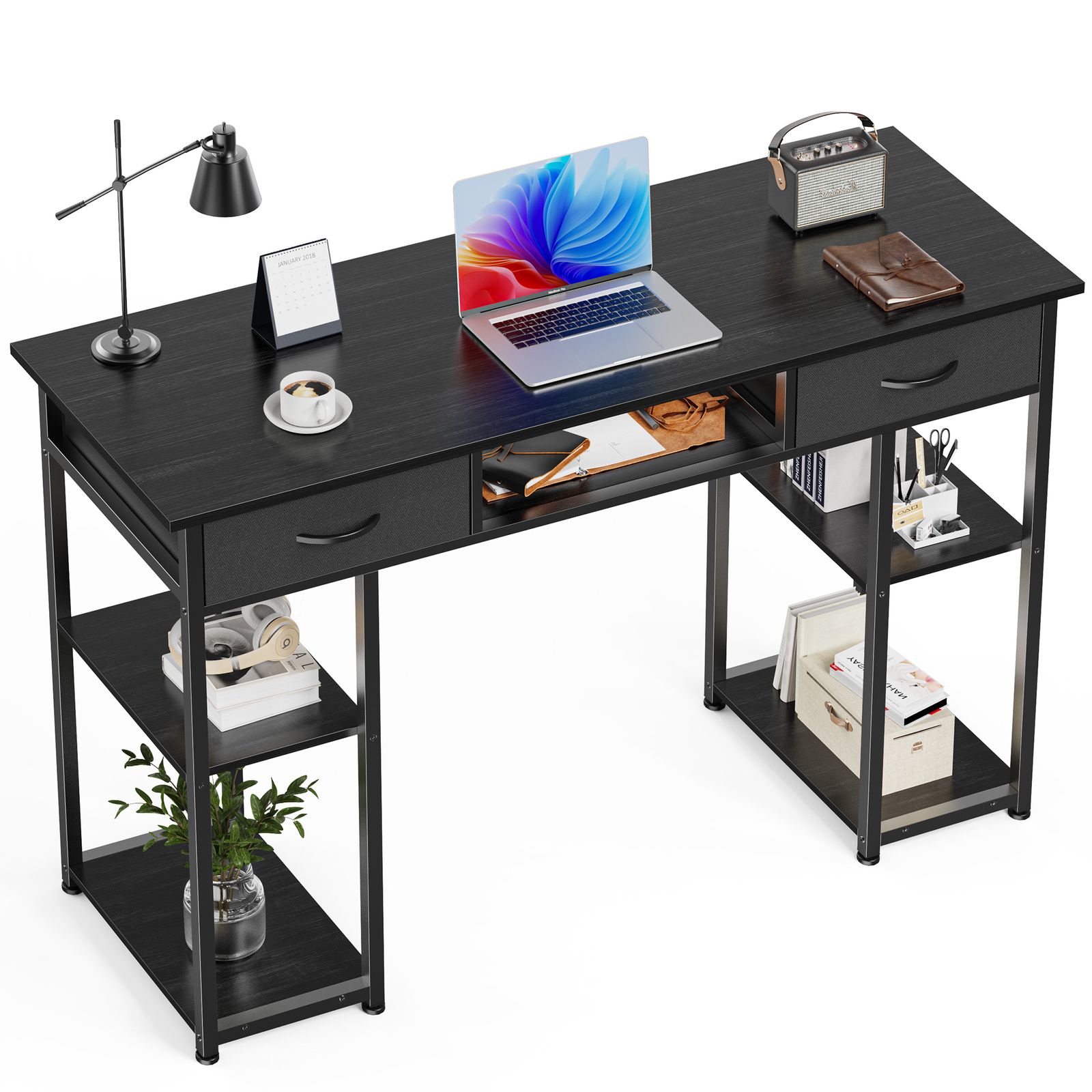 Computer Desk Home Office Table with PC Stand, Fabric Drawers Headphone Hook