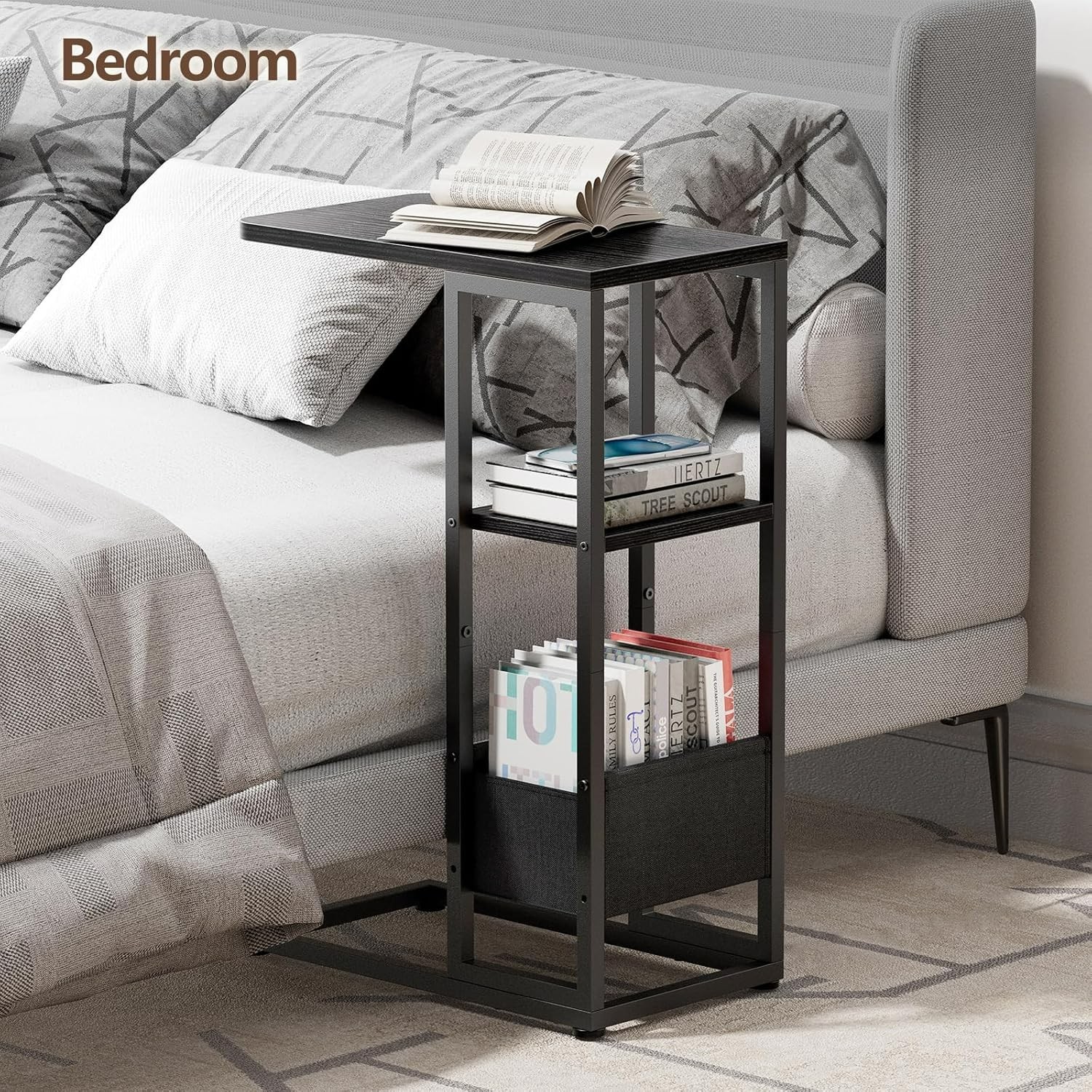 C Shaped End Table, Small Side Table for Couch, Recliner with Storage Bag