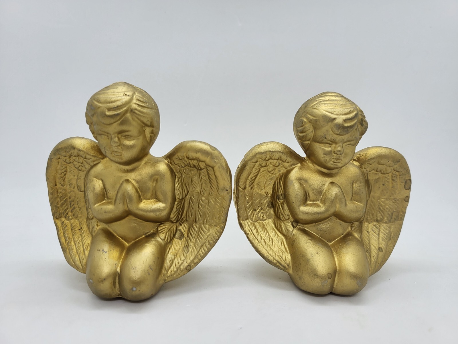Vintage Ganz Ceramic Cherub Prayer Angel Ornament Old Gold Set of 2