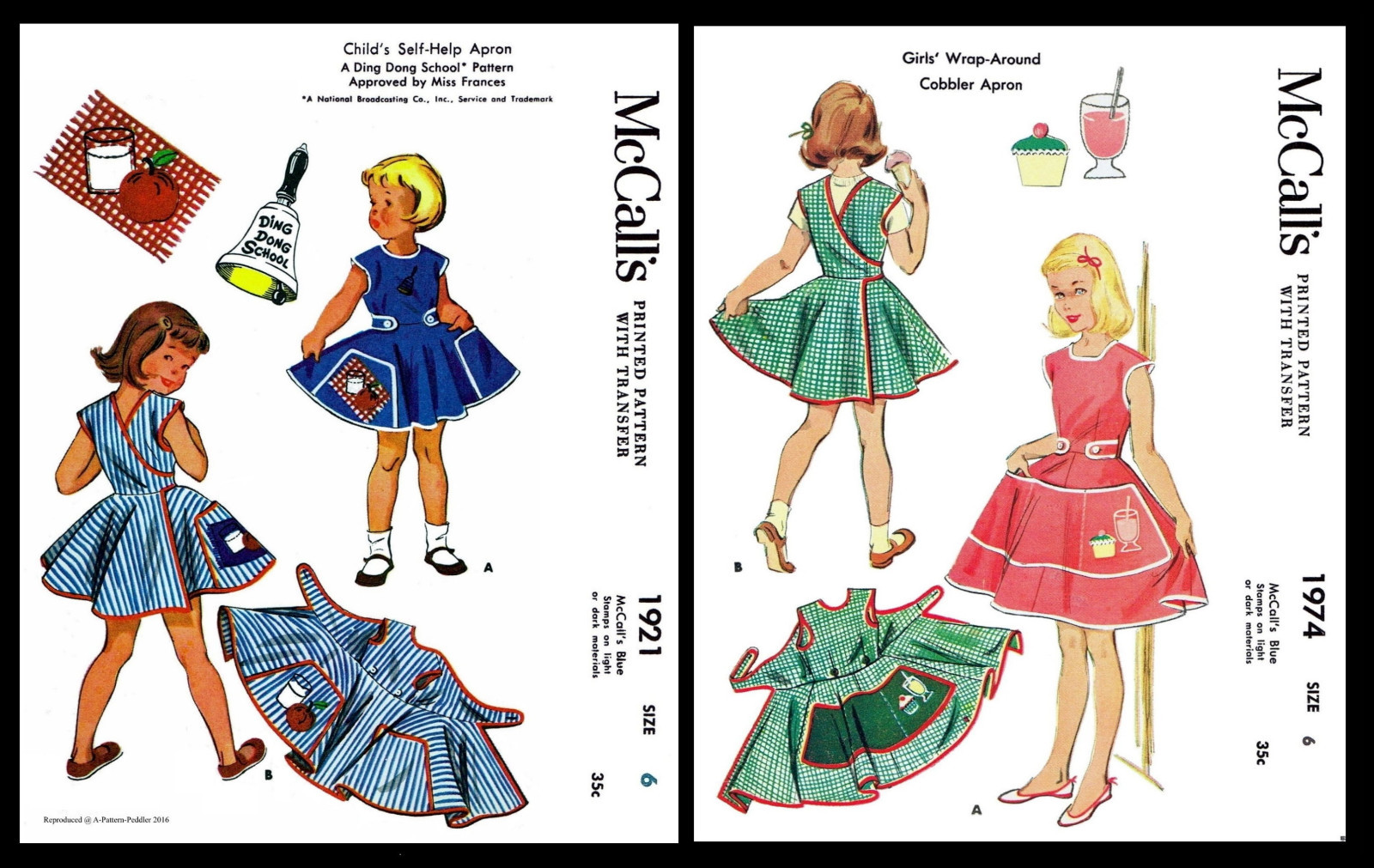APRON DRESS Sewing Patterns McCall's 1921 & 1974 Child Toddler Girls