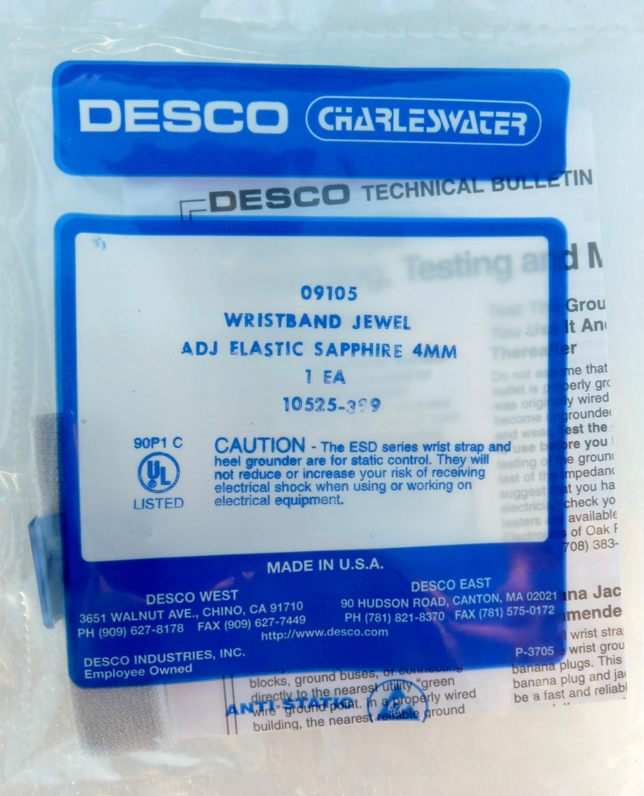 NEW DESCO 09105 WRISTBAND WRIST STAT JEWEL ADJ ELASTIC SAPPHIRE 4MM GROUND