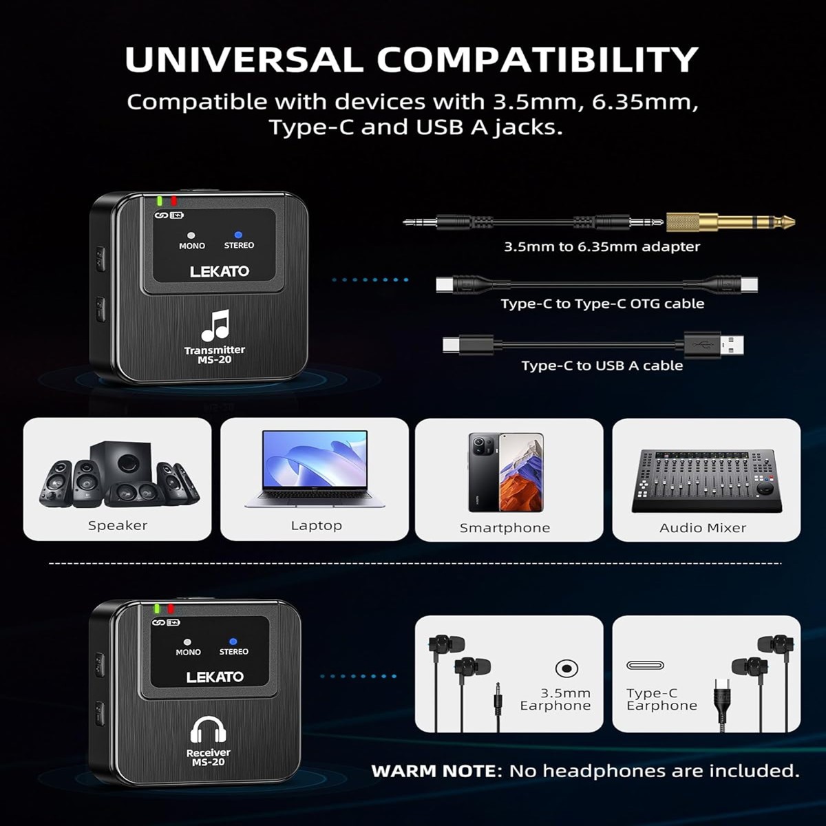 LEKATO Wireless 2.4G IEM System Transmitter Receiver OTG Plug Low Latency 100FT