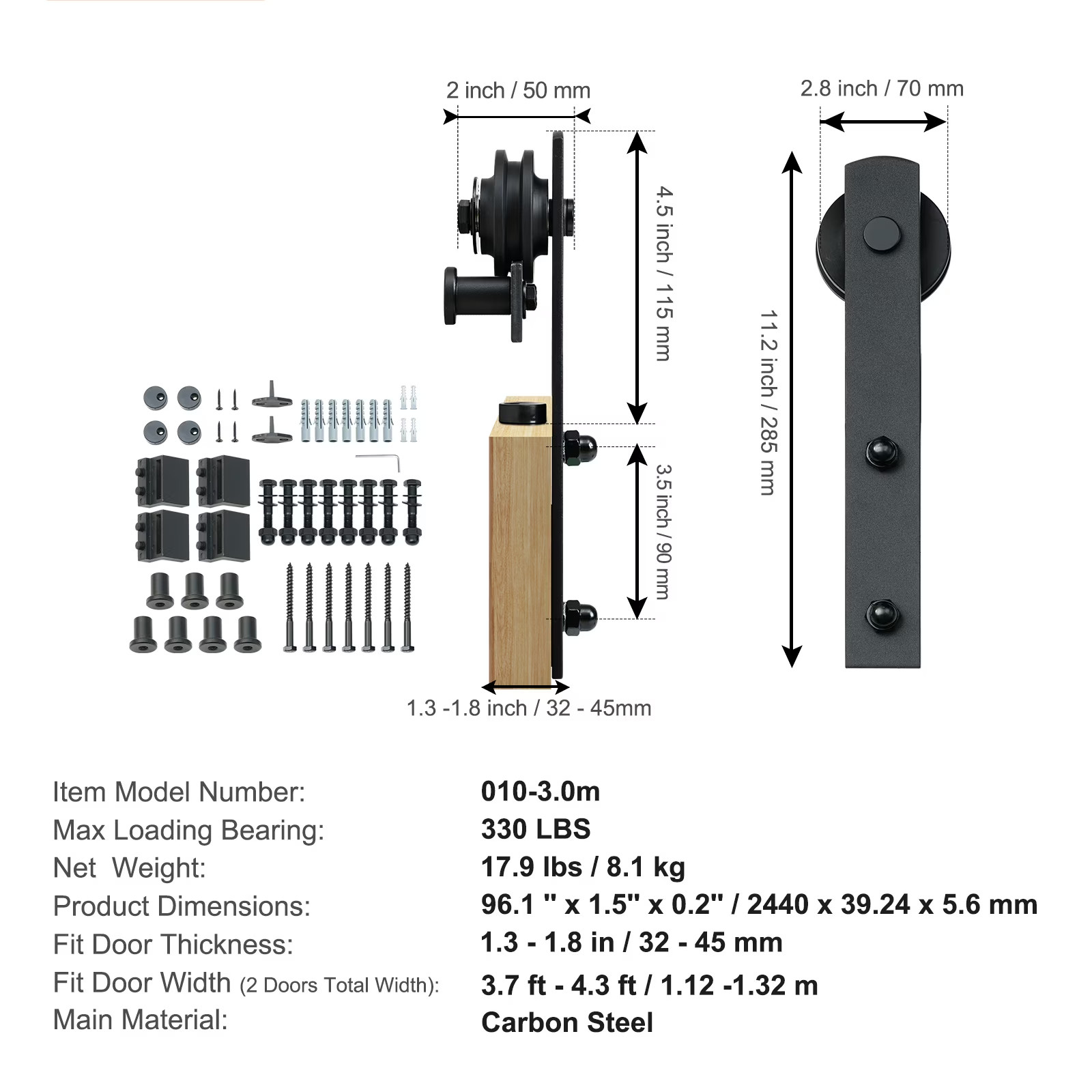 KFFKFF 8FT Double Barn Door Hardware Kit, 330LBS Load Capacity