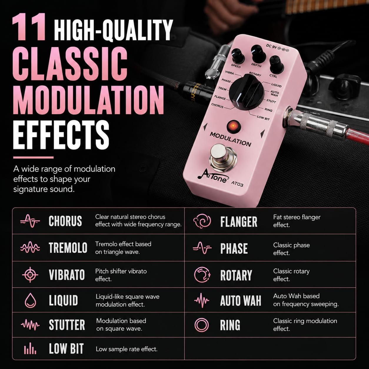 Modulation Pedal for Guitar with Chorus Flanger Tremolo Phaser Vibrato Multi ...