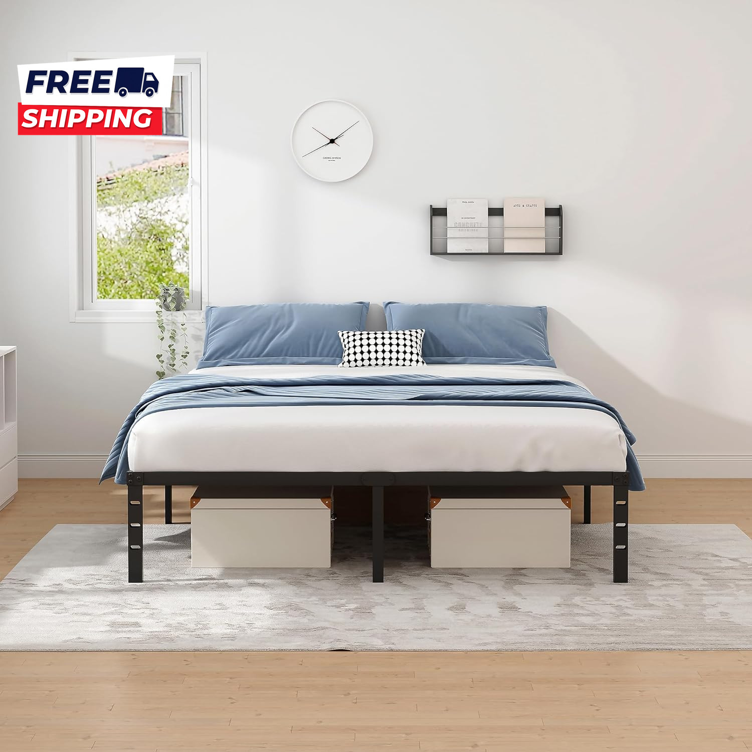 Metal Bed Frame Queen Size Bed Frame with Storage Space Heavy Duty Sturdy