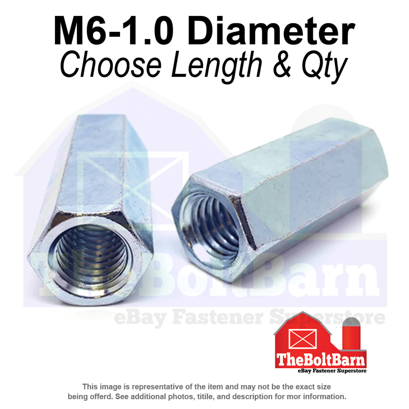 M6-1.0x18 Class 6 Coupling Nuts Zinc Clear Coarse Thread (Pick Quantity)