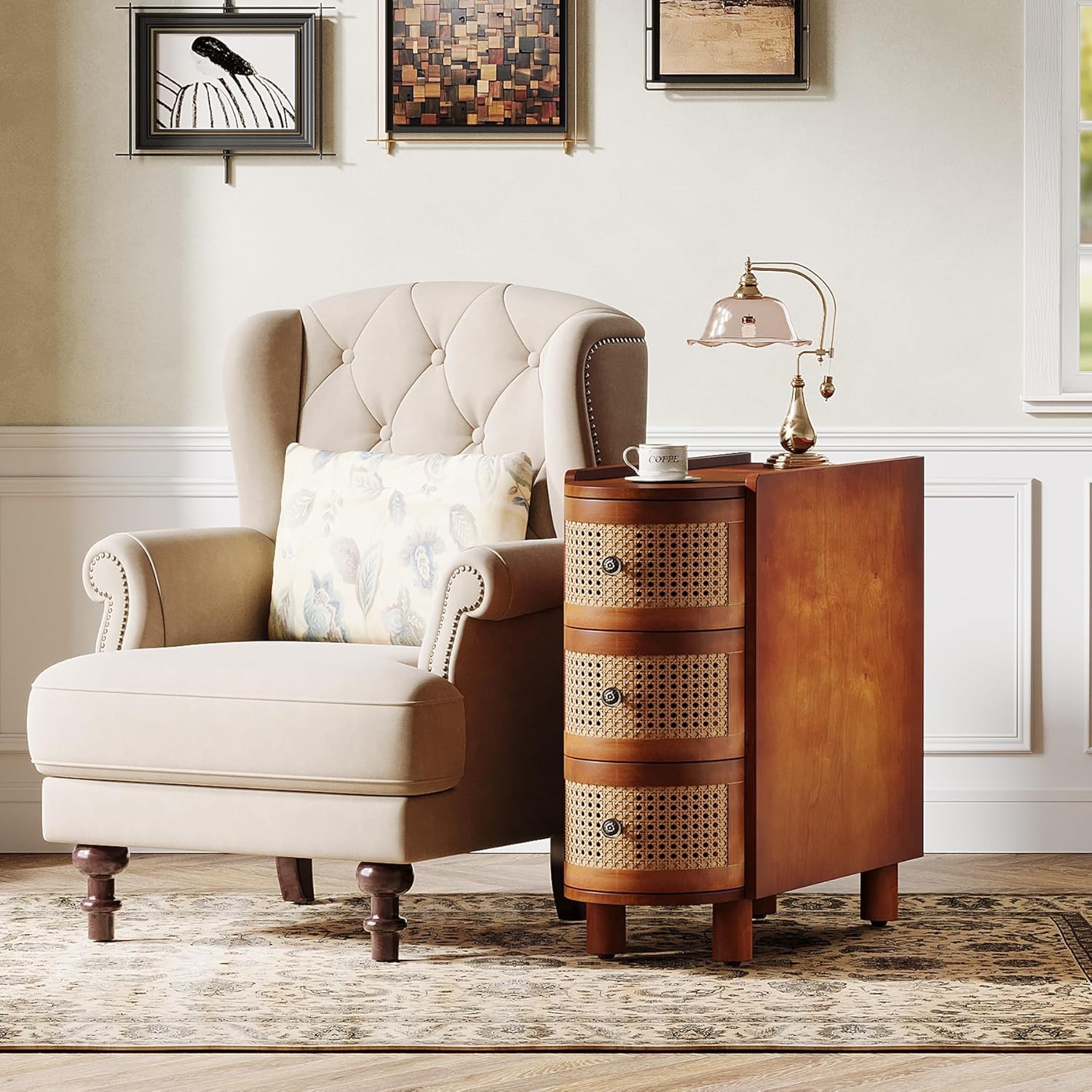 Solid Wood End Table with 3-Drawers, Fully Assembly Modern Rattan Side Table